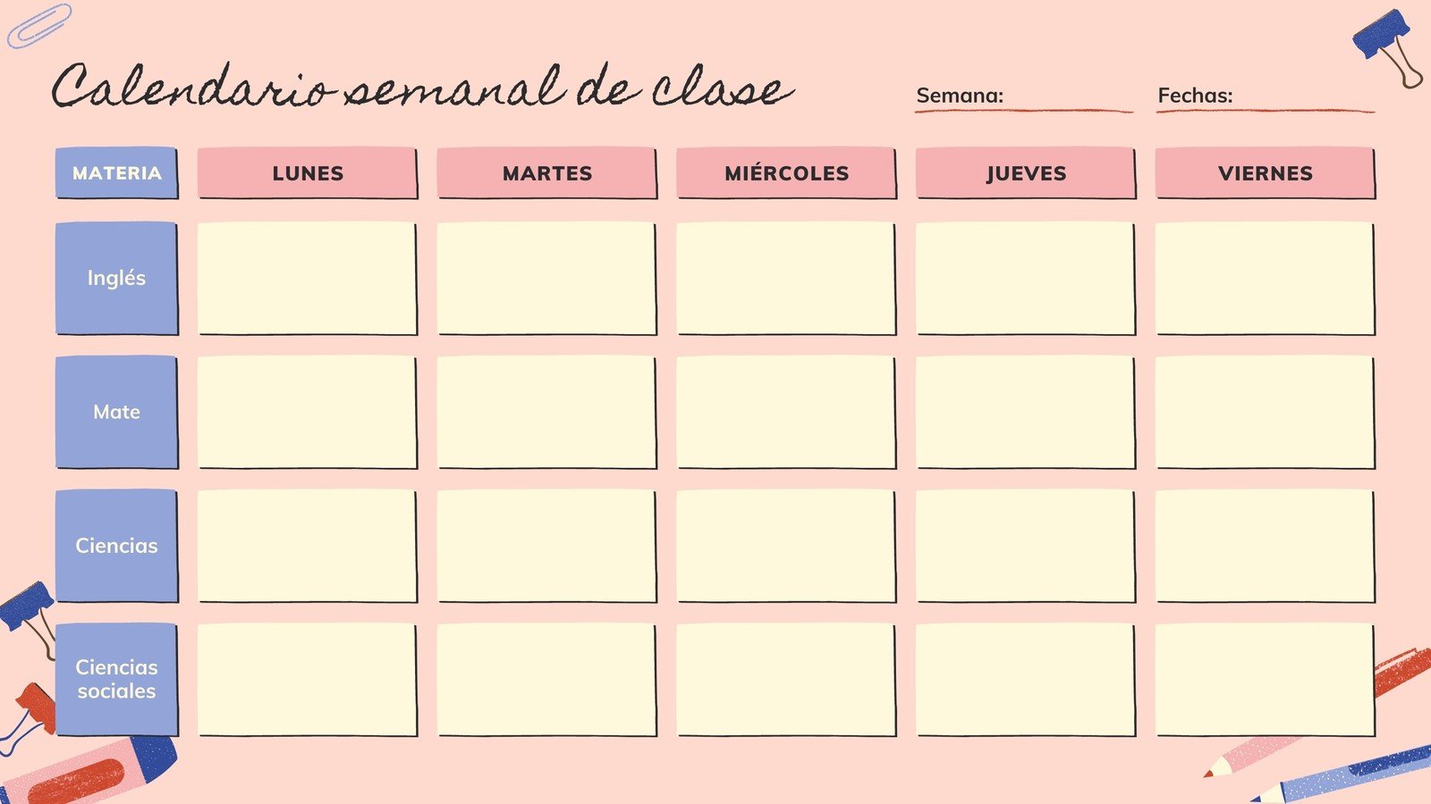 Rosa y Crema Ilustración Calendario Semanal de Clases en Blanco