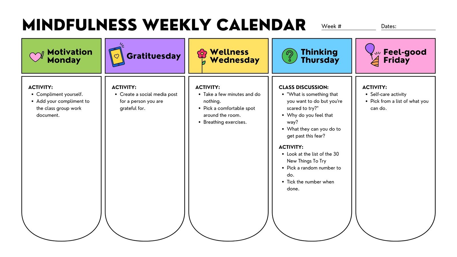 Colorful Flat Mindfulness Social and Emotional Learning Weekly Lesson Plan Calendar