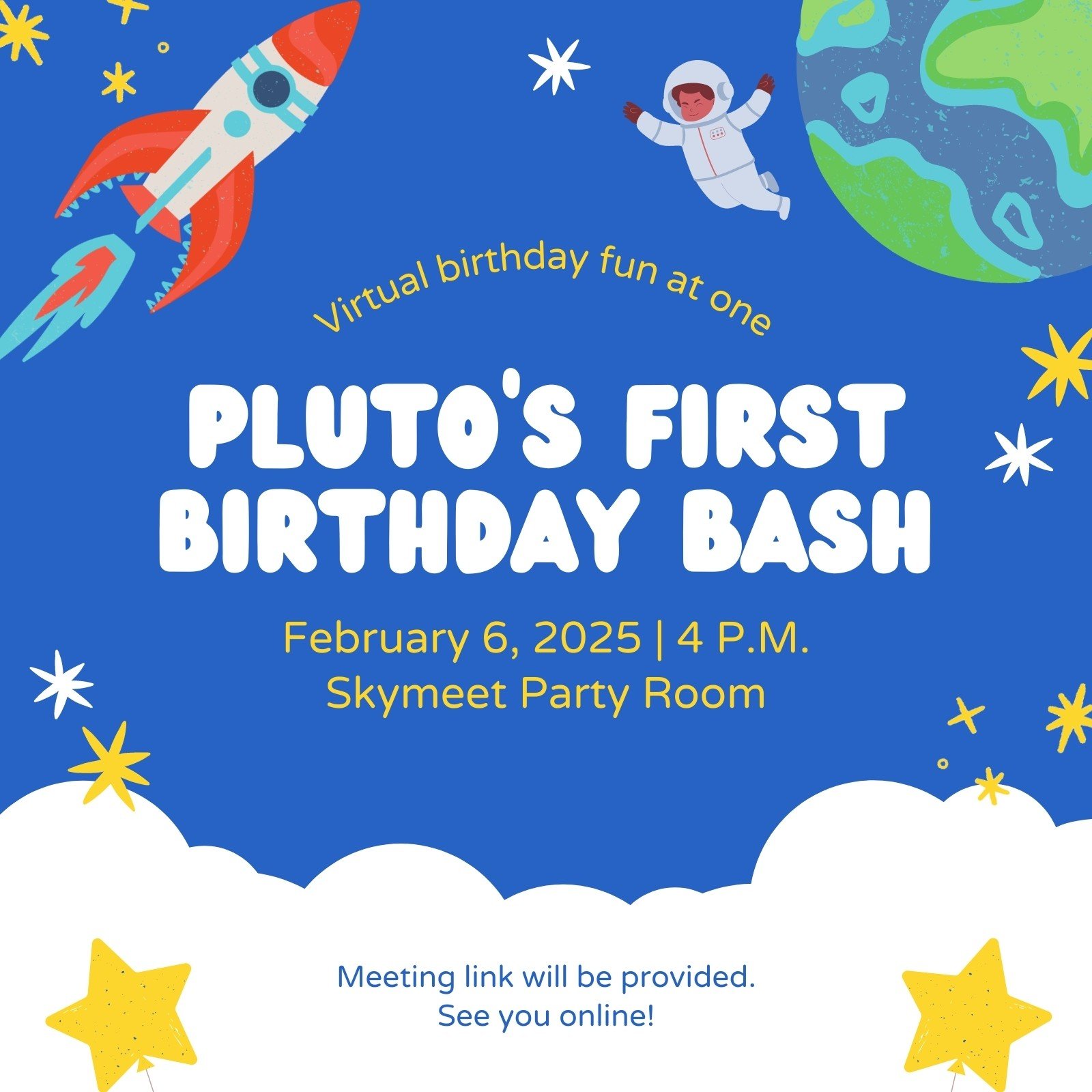 blue and white space kiddie type birthday animated square invitation
