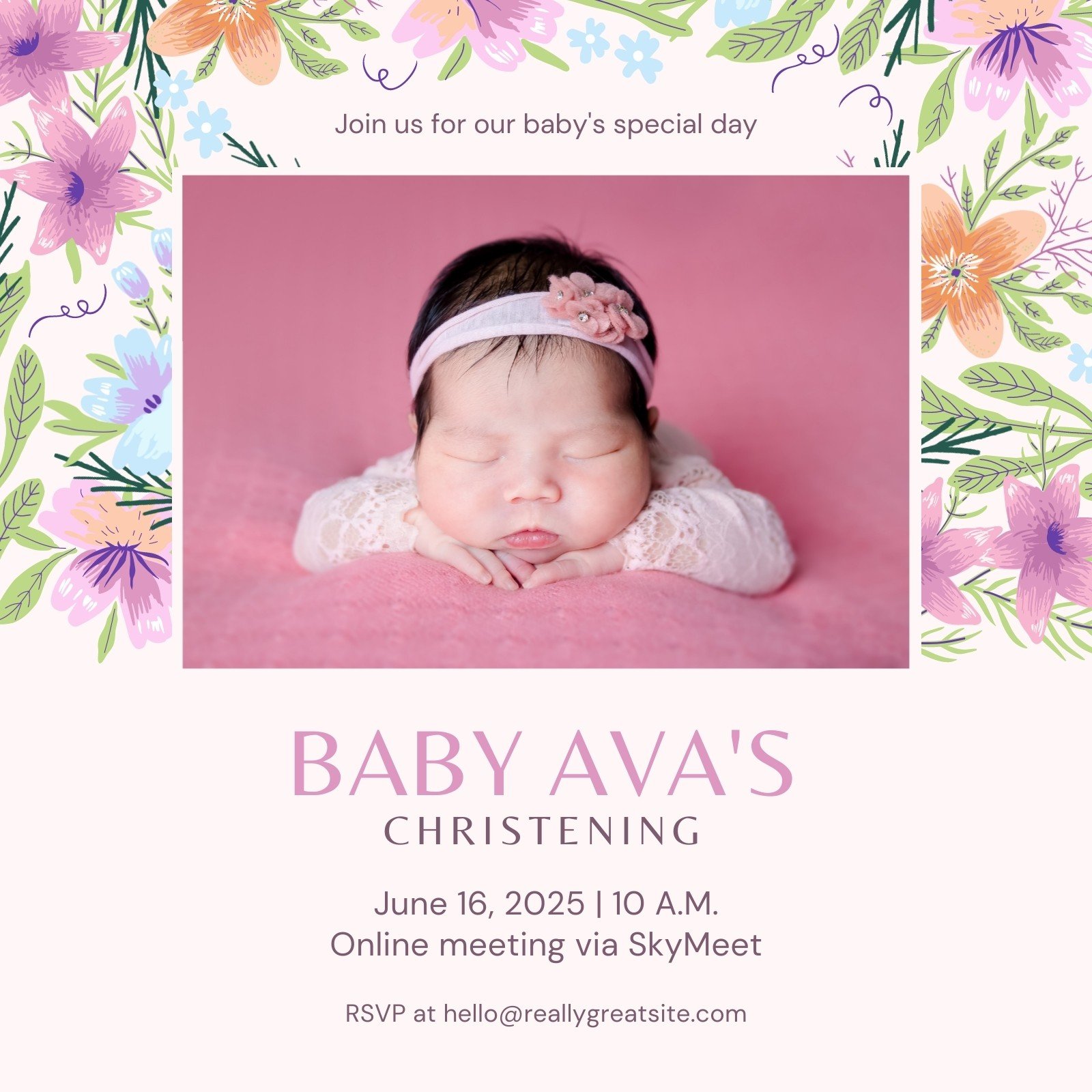Pink Delicate Floral Christening Animated Square Invitation Within Baptism Invitation Card Template