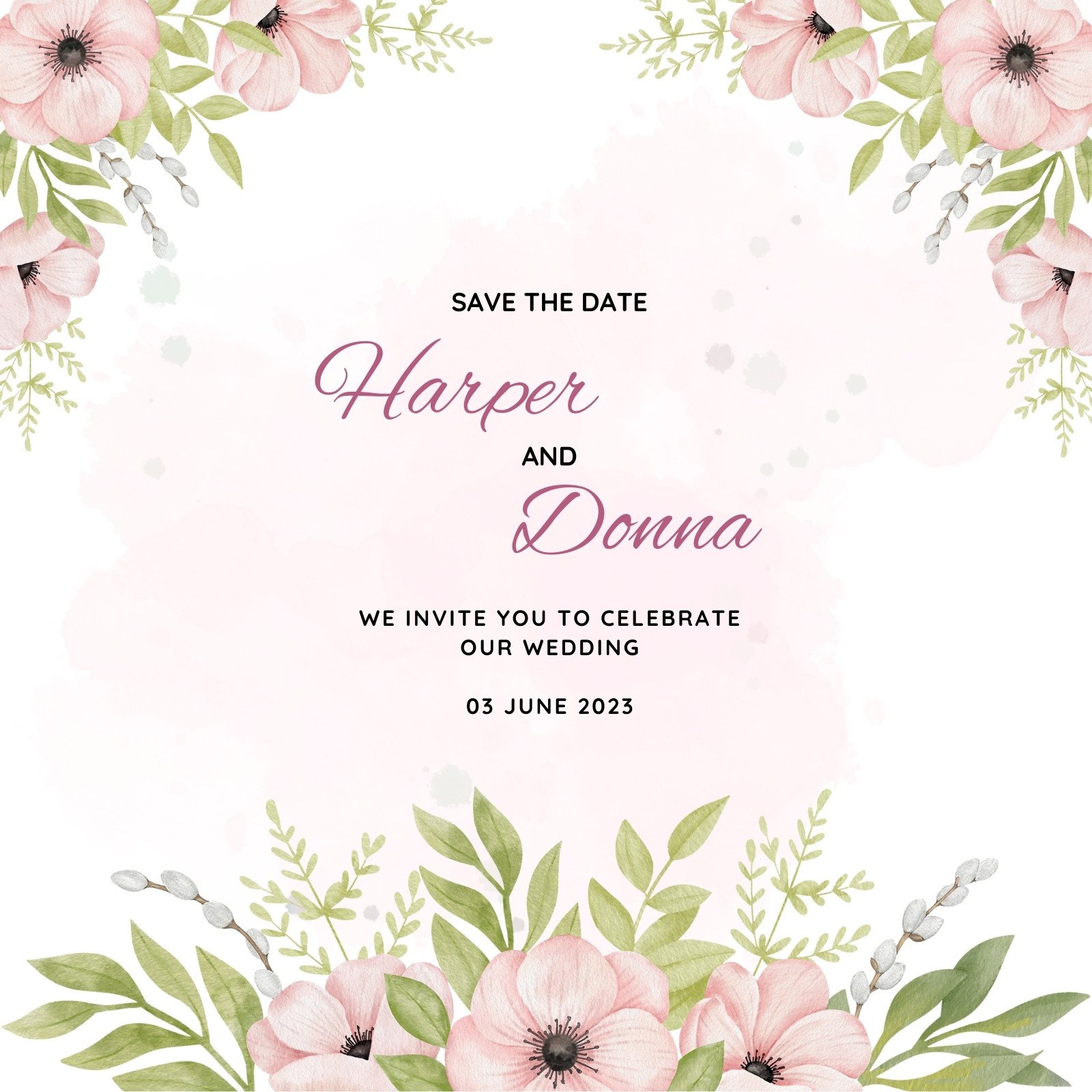 Virtual Birthday Anniversary Party Editable Electronic Smart Phone WhatsApp Email Invitation Pink Watercolour Roses