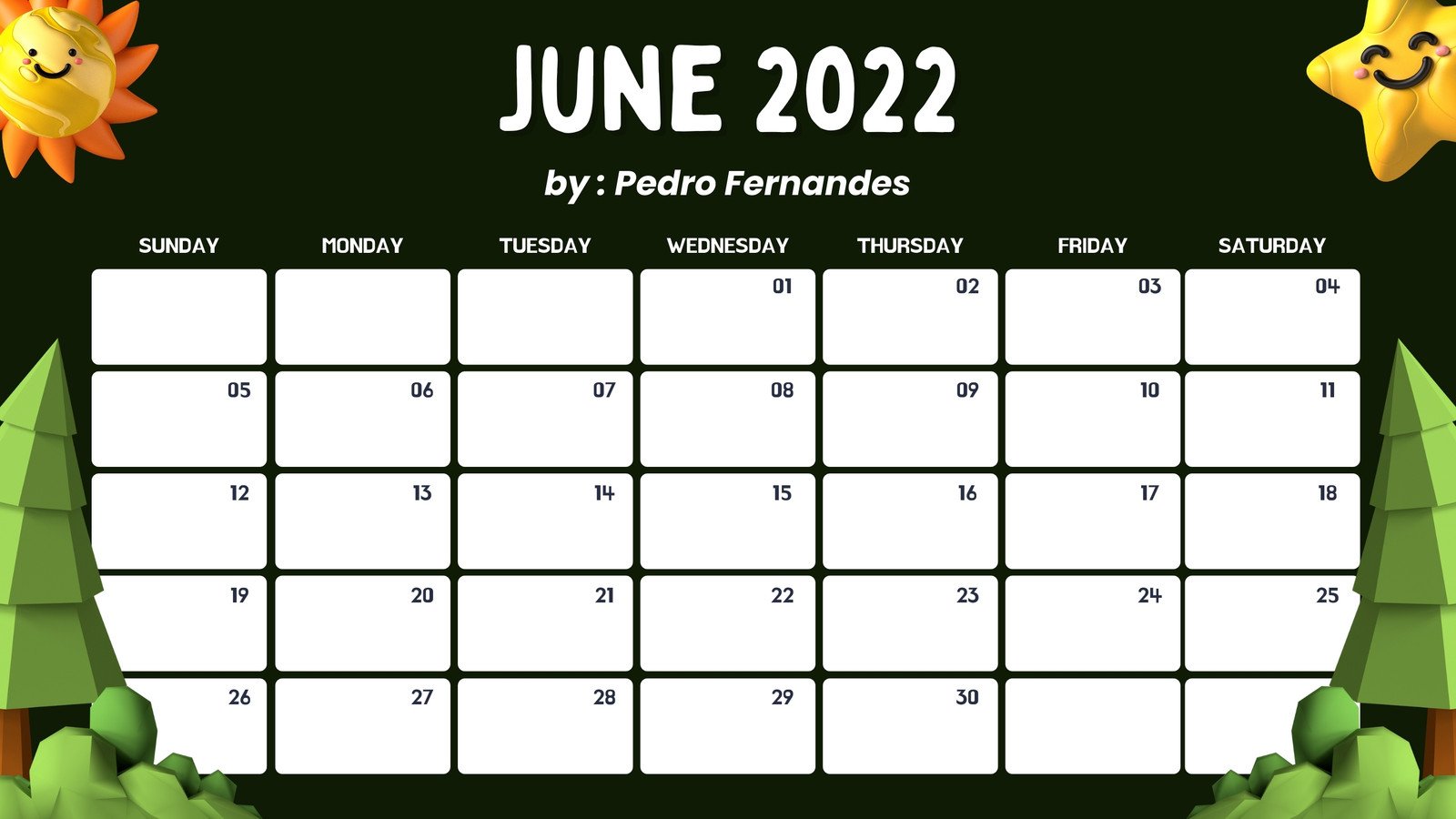 Green White 3D Trees June Monthly Calendar