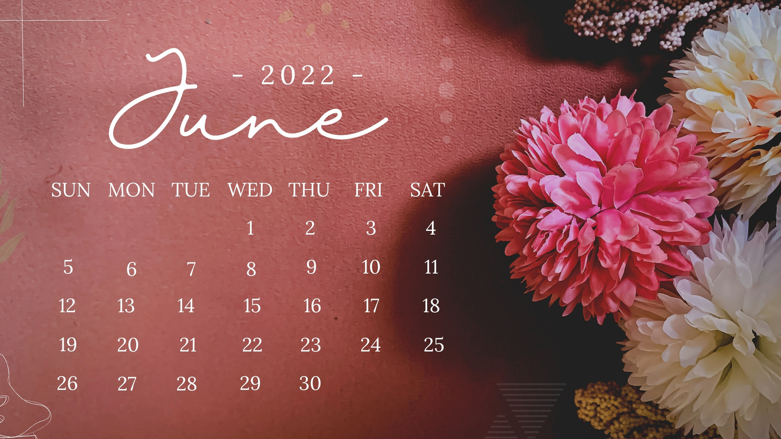 Pink White Feminine June 2022 Monthly Calendar