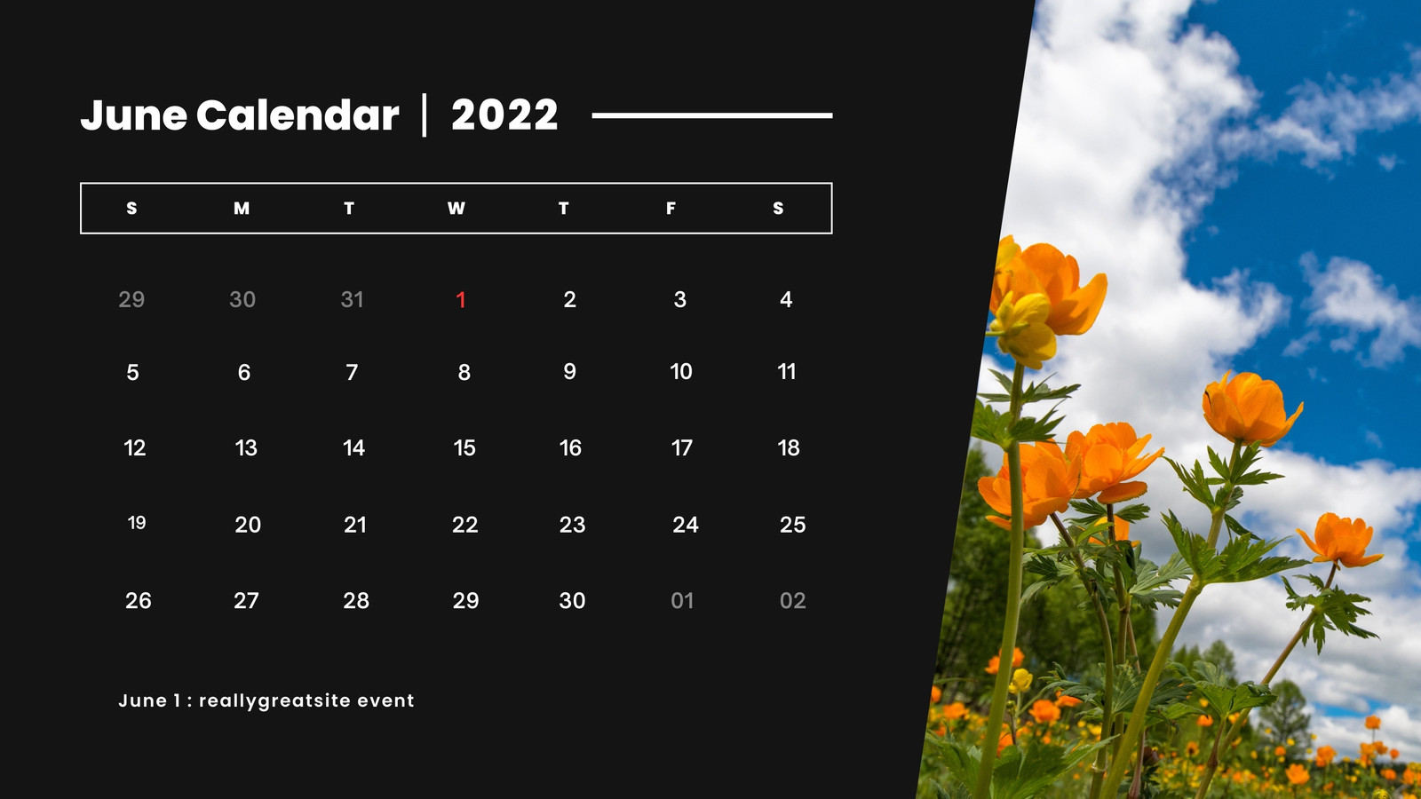 Black Yellow Flower Modern June Calendar