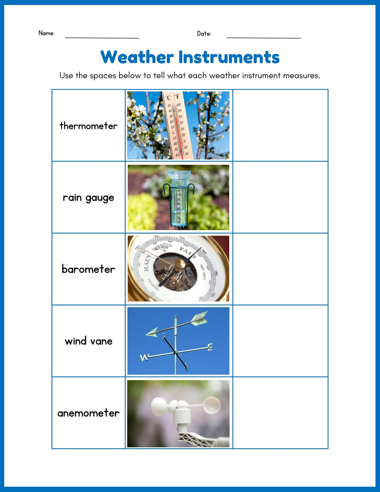 Weather Instruments  Worksheet Worksheet