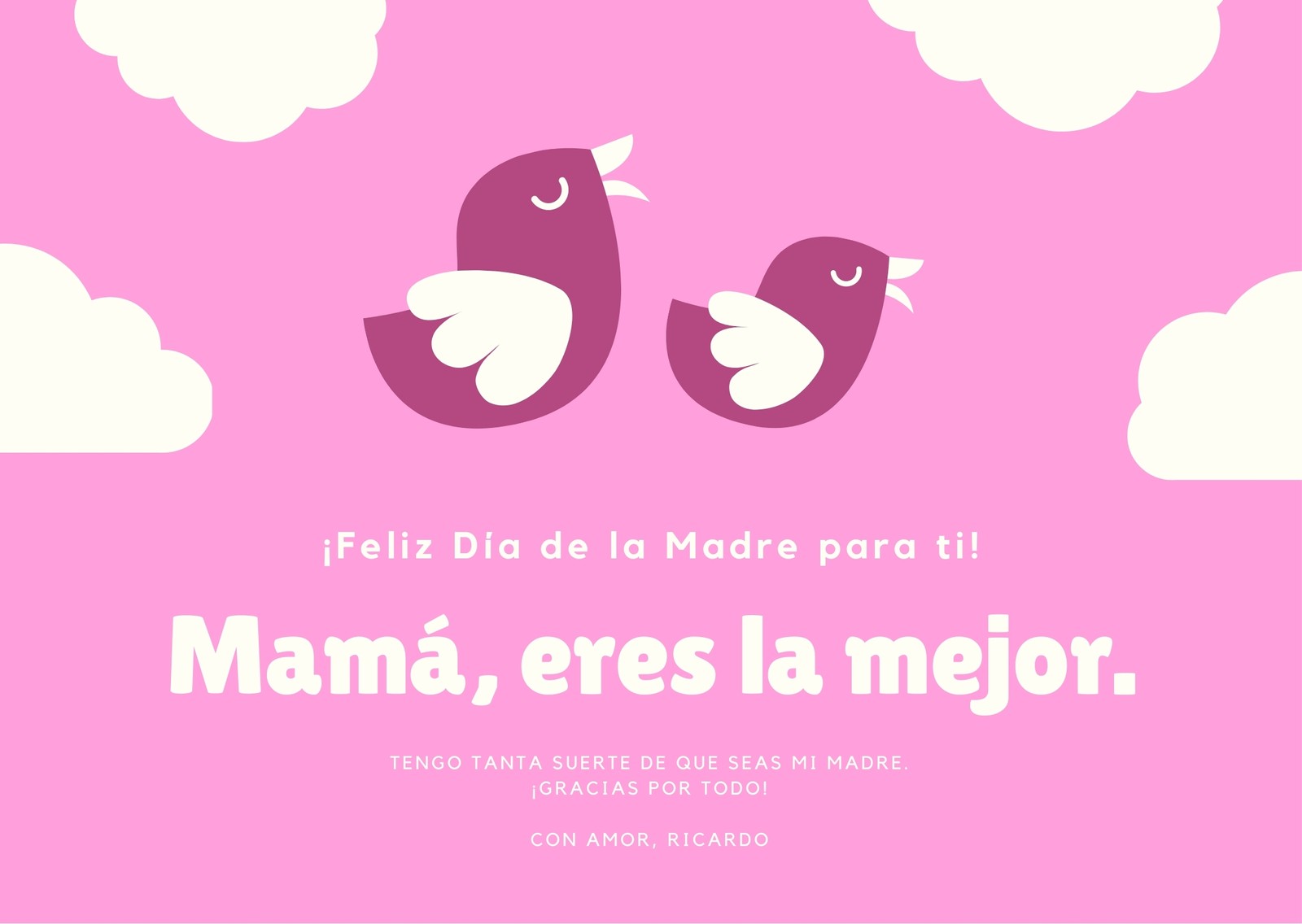 Rosado y Blanco Nubes Pájaros Día de la Madre Tarjeta