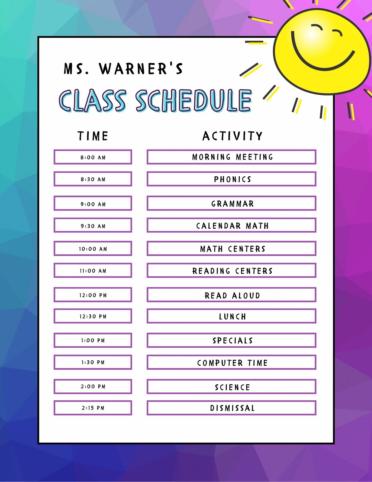 Bright Colorful Class Schedule