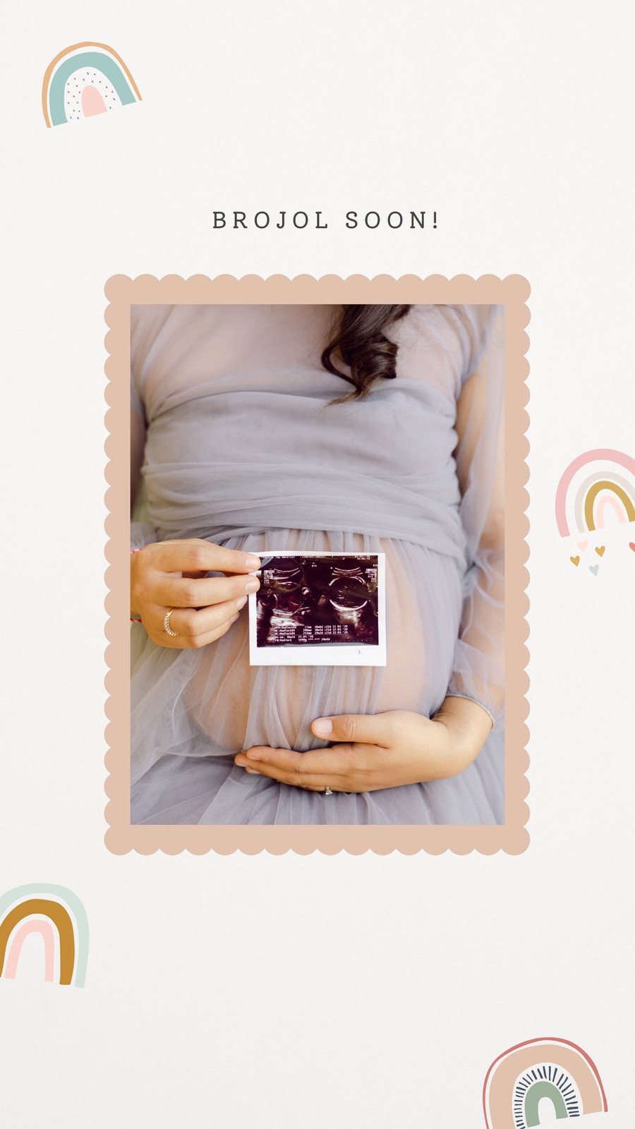 Pengumuman Instagram Kehamilan Kelahiran Bayi dengan Foto dan Ilustrasi Pelangi warna Netral Boho 