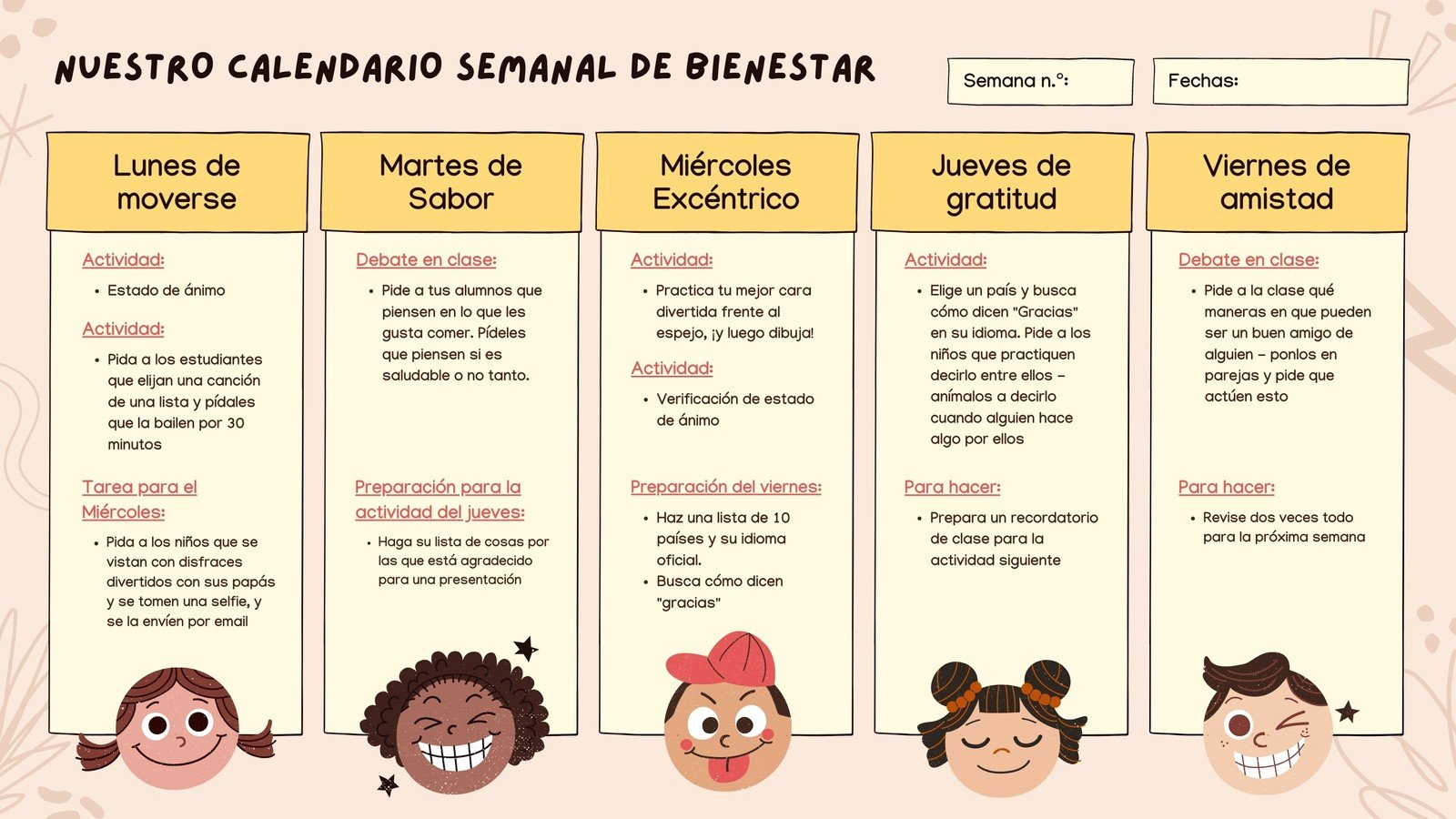 Rosa y Amarillo Dibujado a Mano Bienestar Aprendizaje Social y Emocional Plan Semanal de Clase Calendario