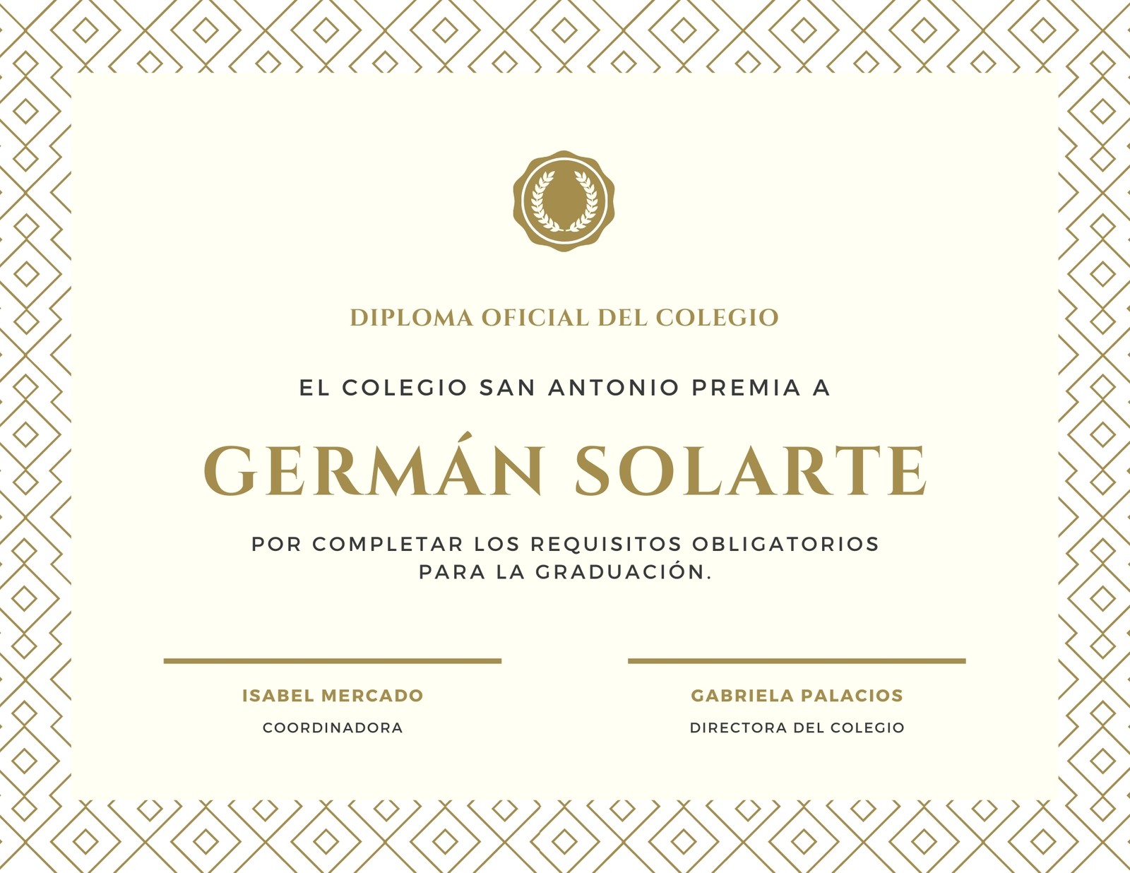 Crema y Dorado Patrón Geométrico Fondo con Patrón Diploma de Colegio Certificado
