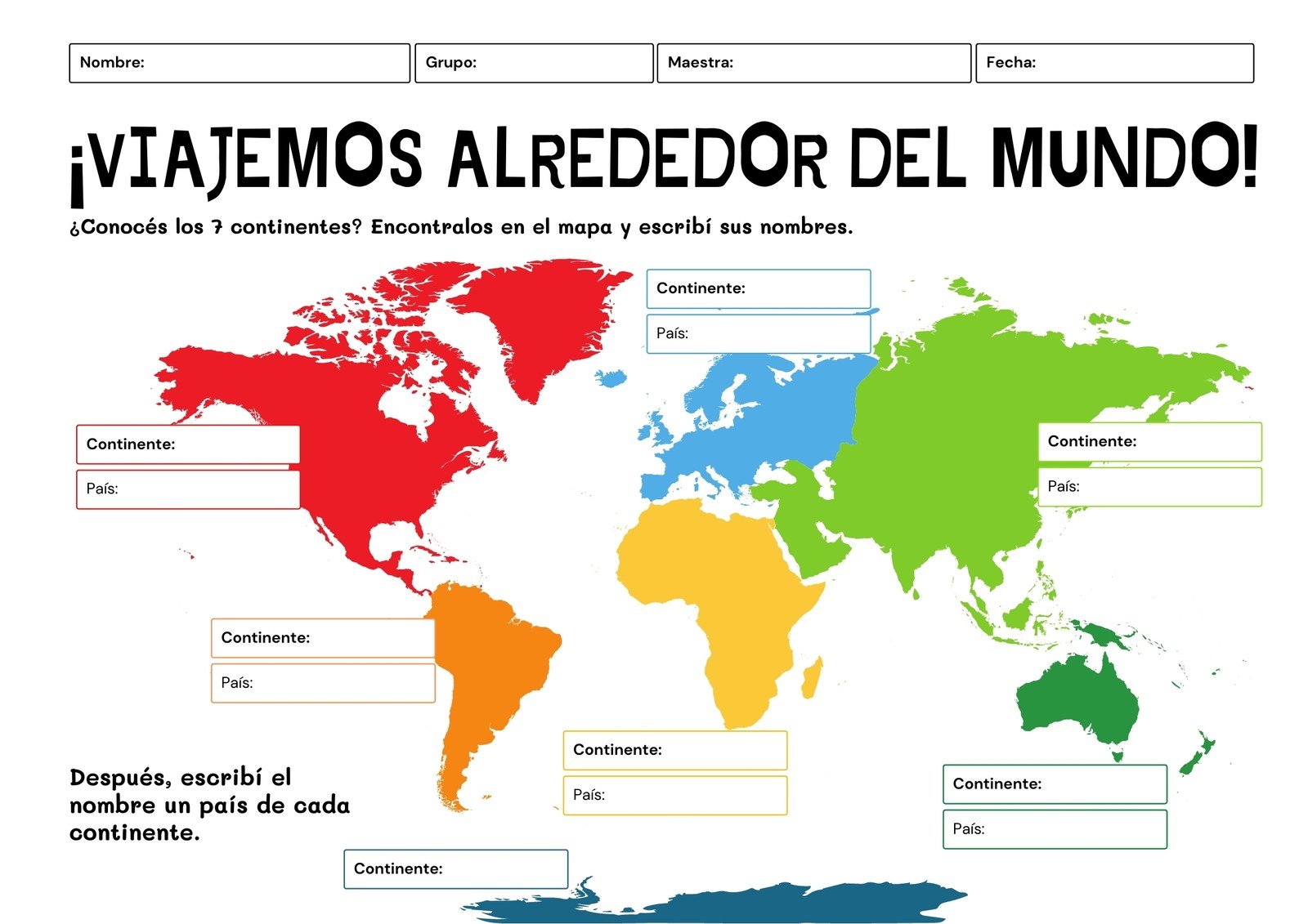 Colorido Mapa Continentes Hoja de Trabajo para Imprimir