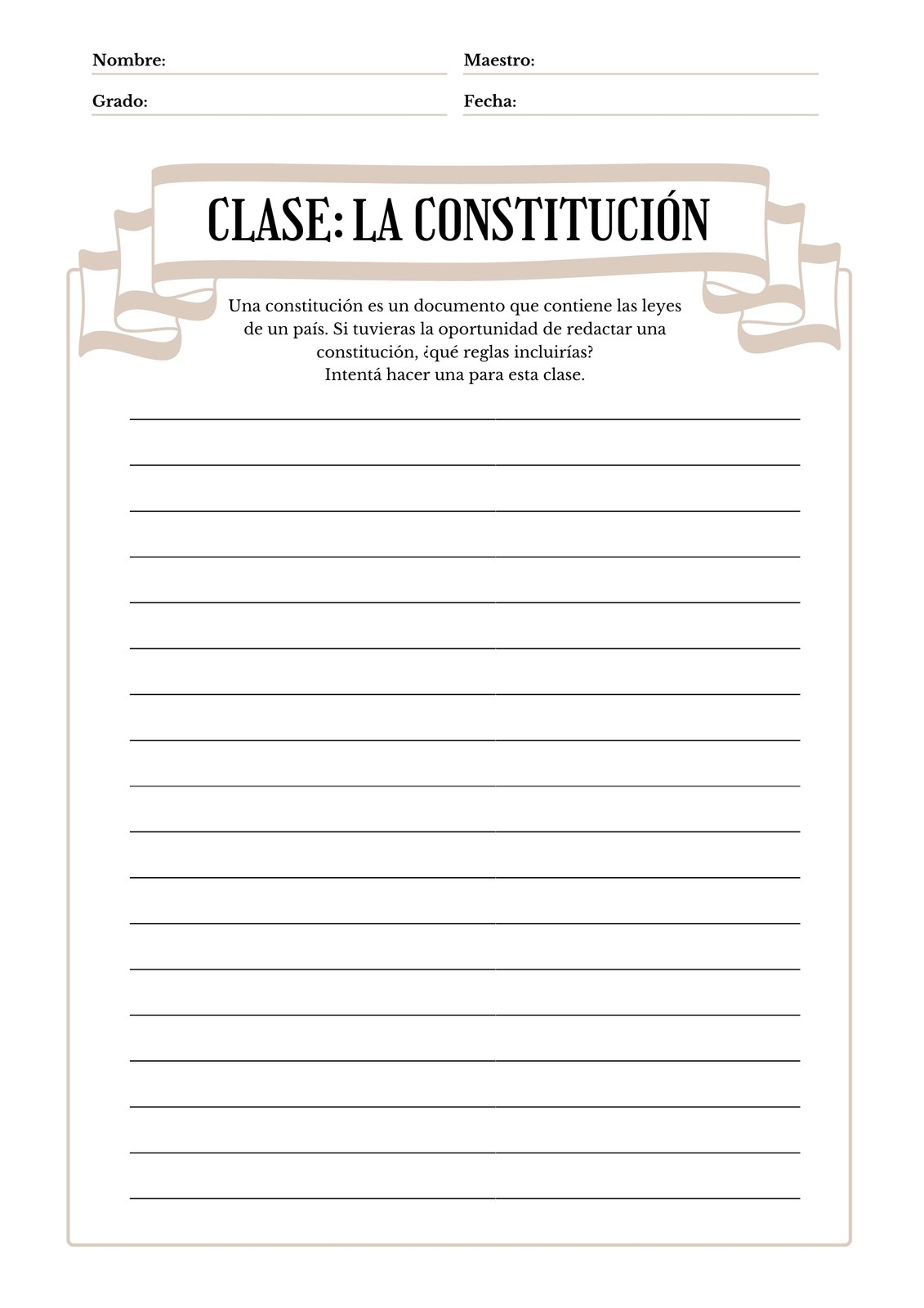 Cinta La Constitución Clase Escolar Hoja de Trabajo para Imprimir