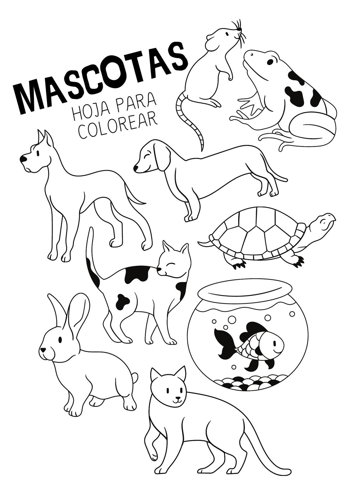Colorear Mascotas en Blanco y Negro Hoja de Trabajo para Imprimir
