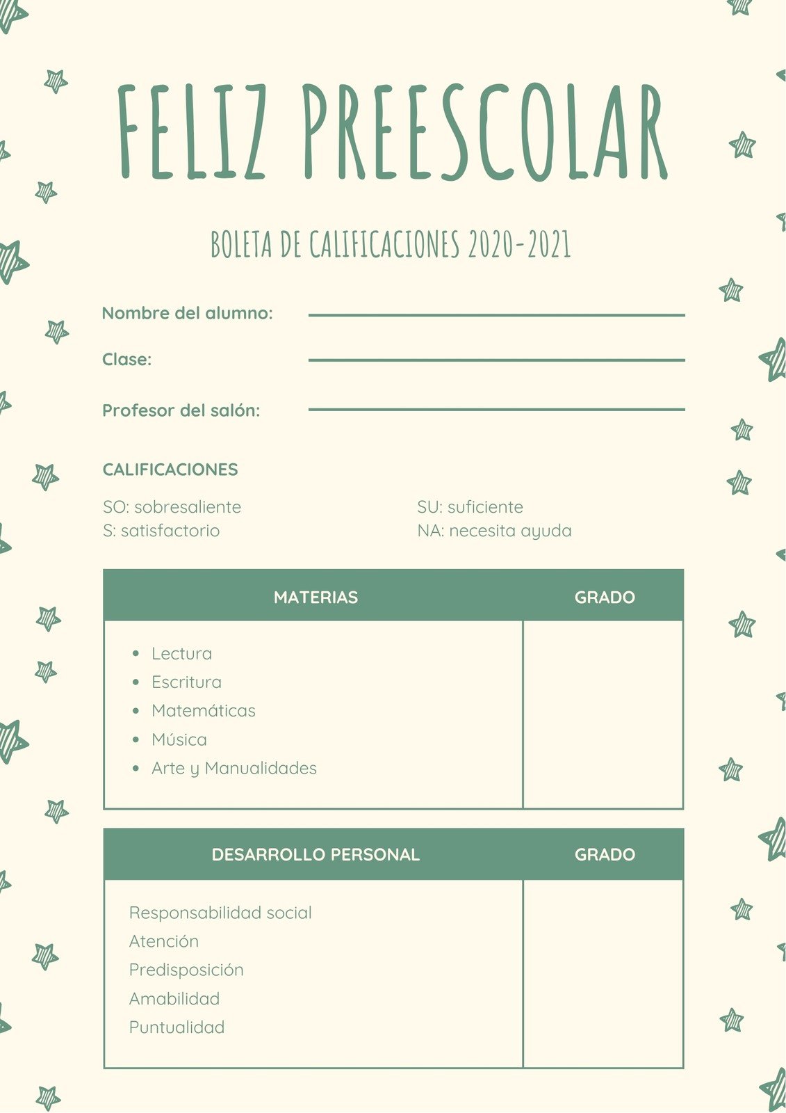 Plantillas Para Boletas De Calificaciones De Preescolar Canva