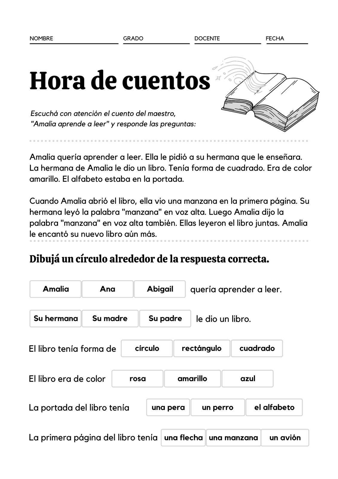 Blanco y Negro Ilustración de Libro Actividad de Comprensión de Lectura de Cuentos Hoja de Trabajo