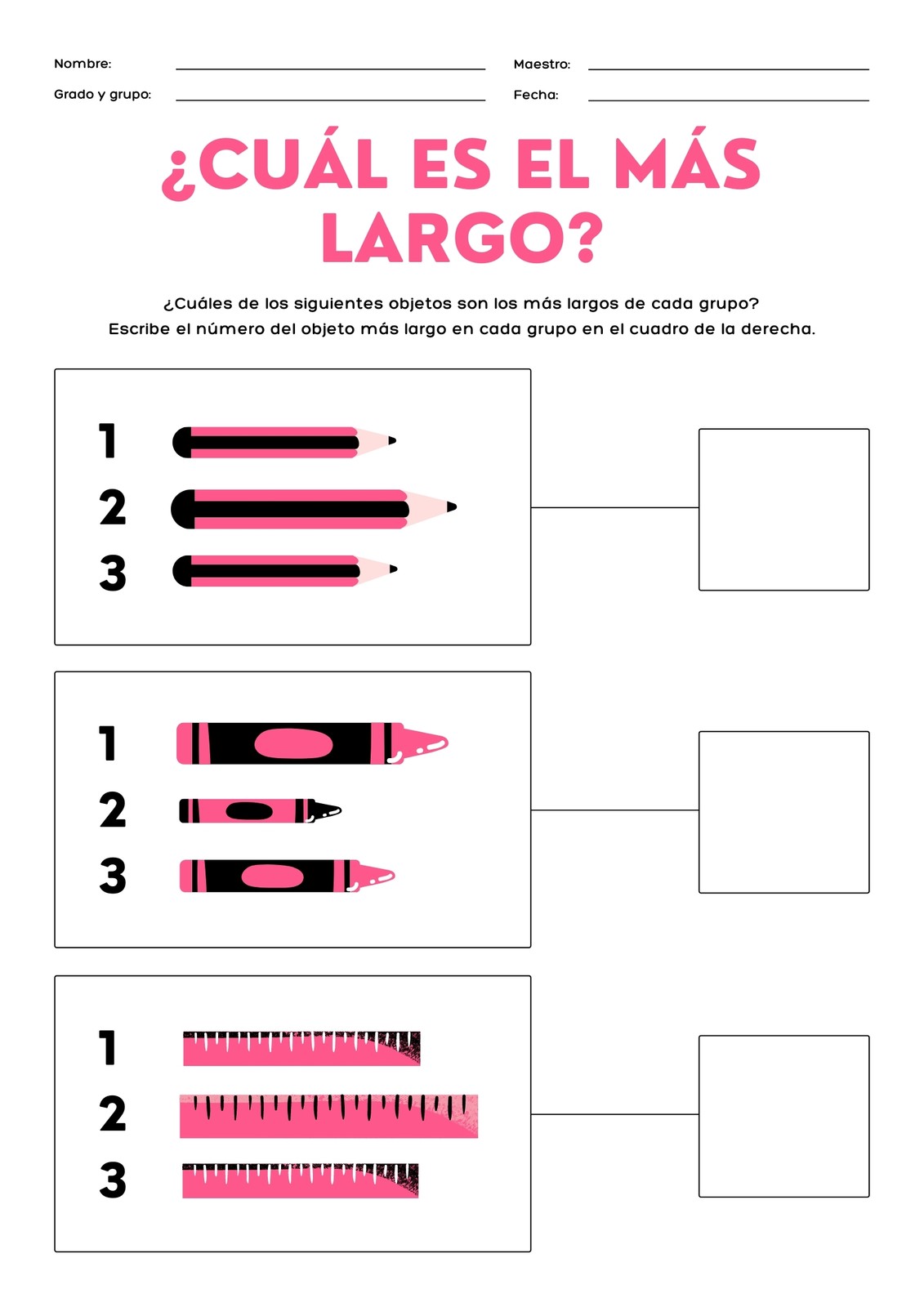 Comparación de Longitud Bi-Color Fucsia Hoja de trabajo para Imprimir