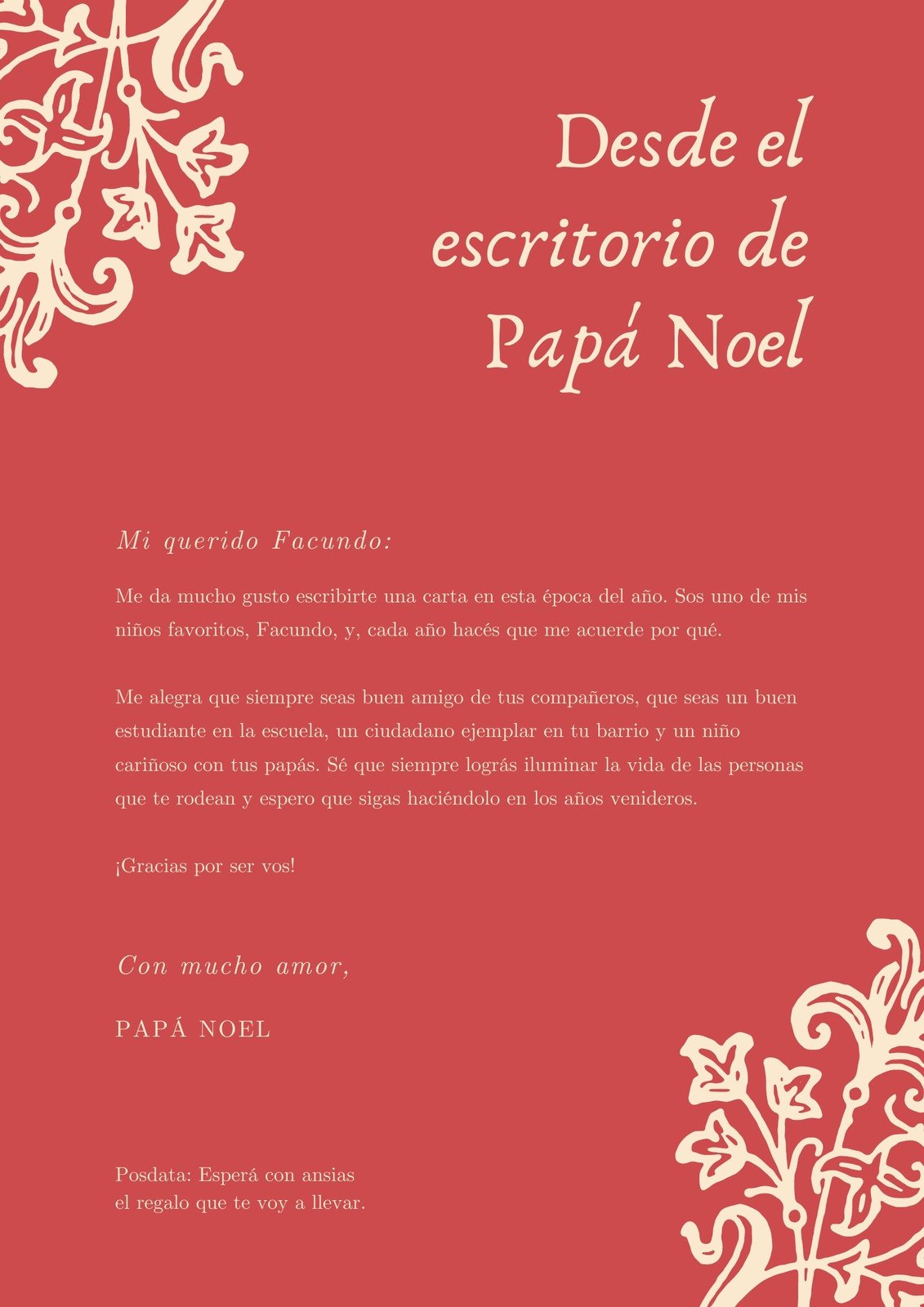 Rojo y Beige Floral Vintage Carta de Papá Noel