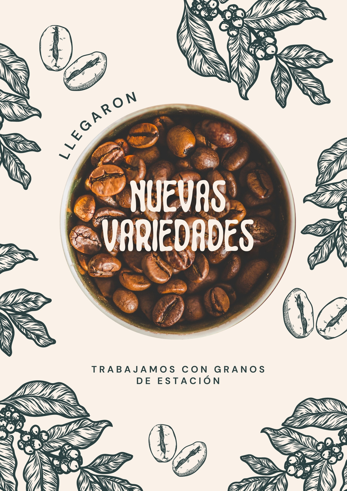 Flyer de diseño tradicional sobre anuncio de nuevo blend de café, color verde azulado con foto de granos de café y granos de café y planta ilustrados