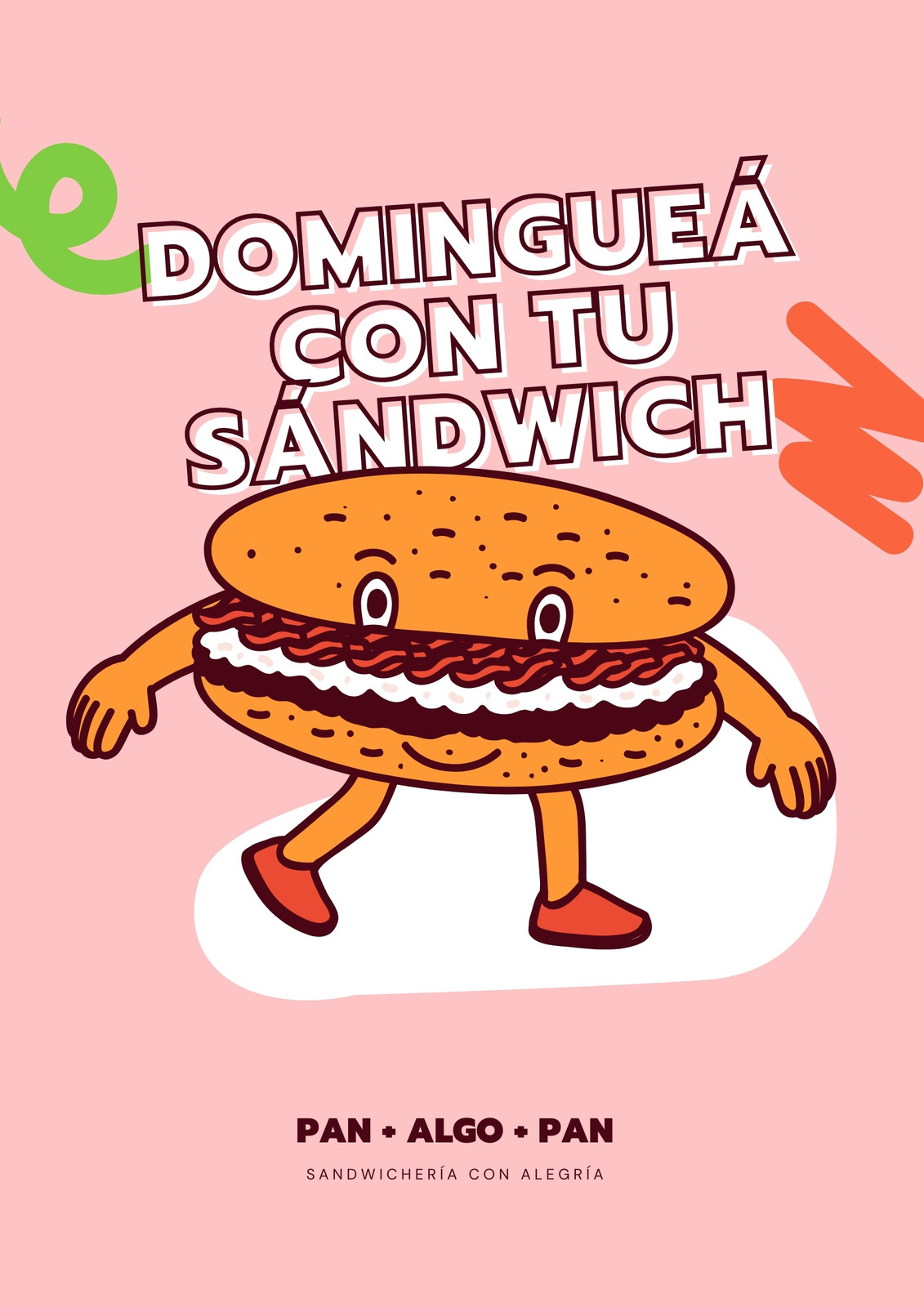 Flyer de diseño playful sobre servicio de delivery de sandwiches, color rosa rosa y borgoña con sandwich gigante ilustrado