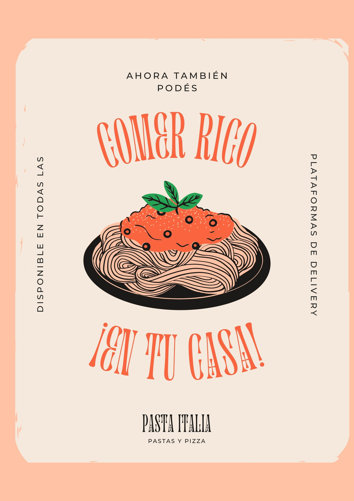 Flyer de diseño tradicional sobre anuncio servicio de delivery de pasta fresca, color durazno y naranja pastel con plato de pastas ilustrado