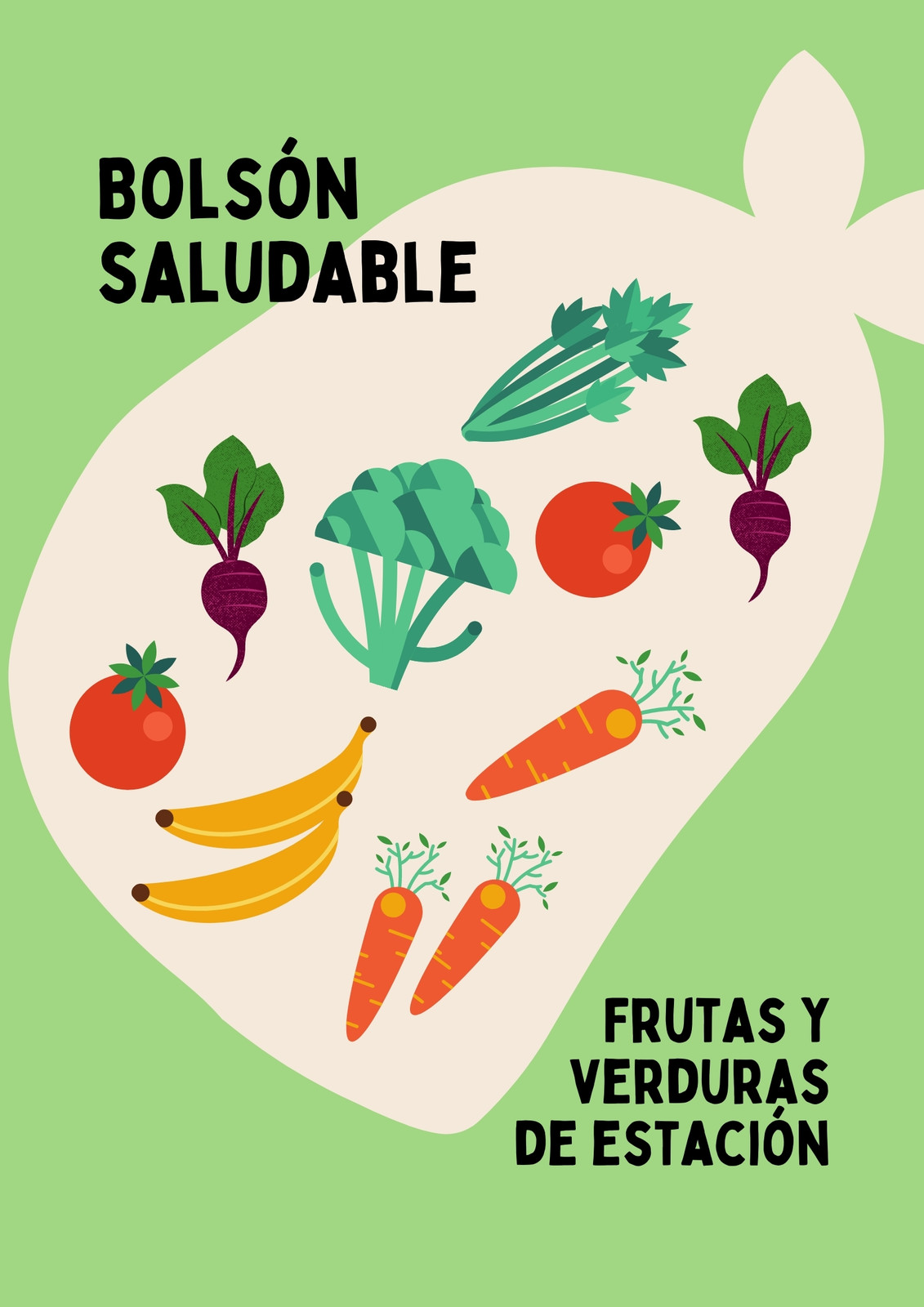 Flyer de diseño playful de verdulería online, color pastel green y blanco con frutas y verduras ilustradas