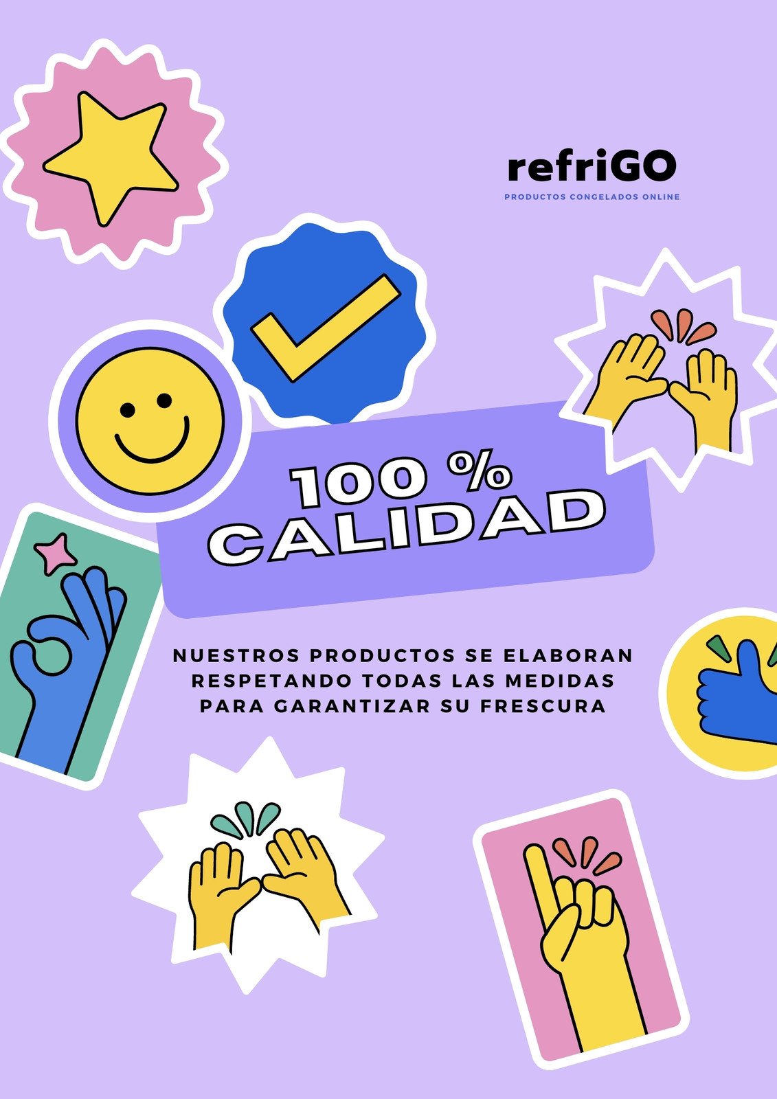 Flyer de diseño playful Sobre seguro de calidad de productos congelados, color lavanda y lila con figuras geométricas y emojis ilustrados