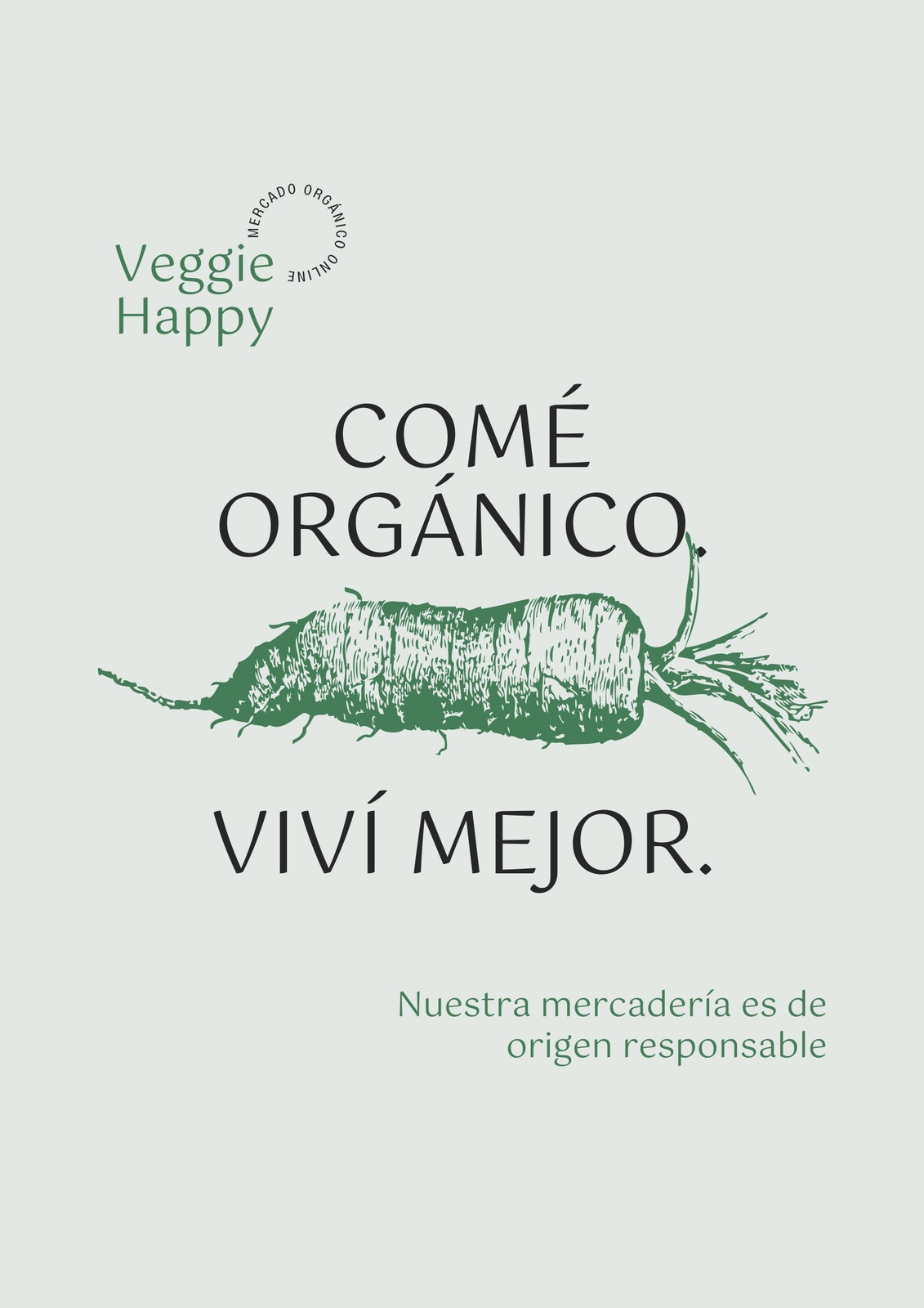 Flyer de diseño tradicional sobre contenido positivo de tienda orgánica online, color verde claro con hortaliza ilustrada