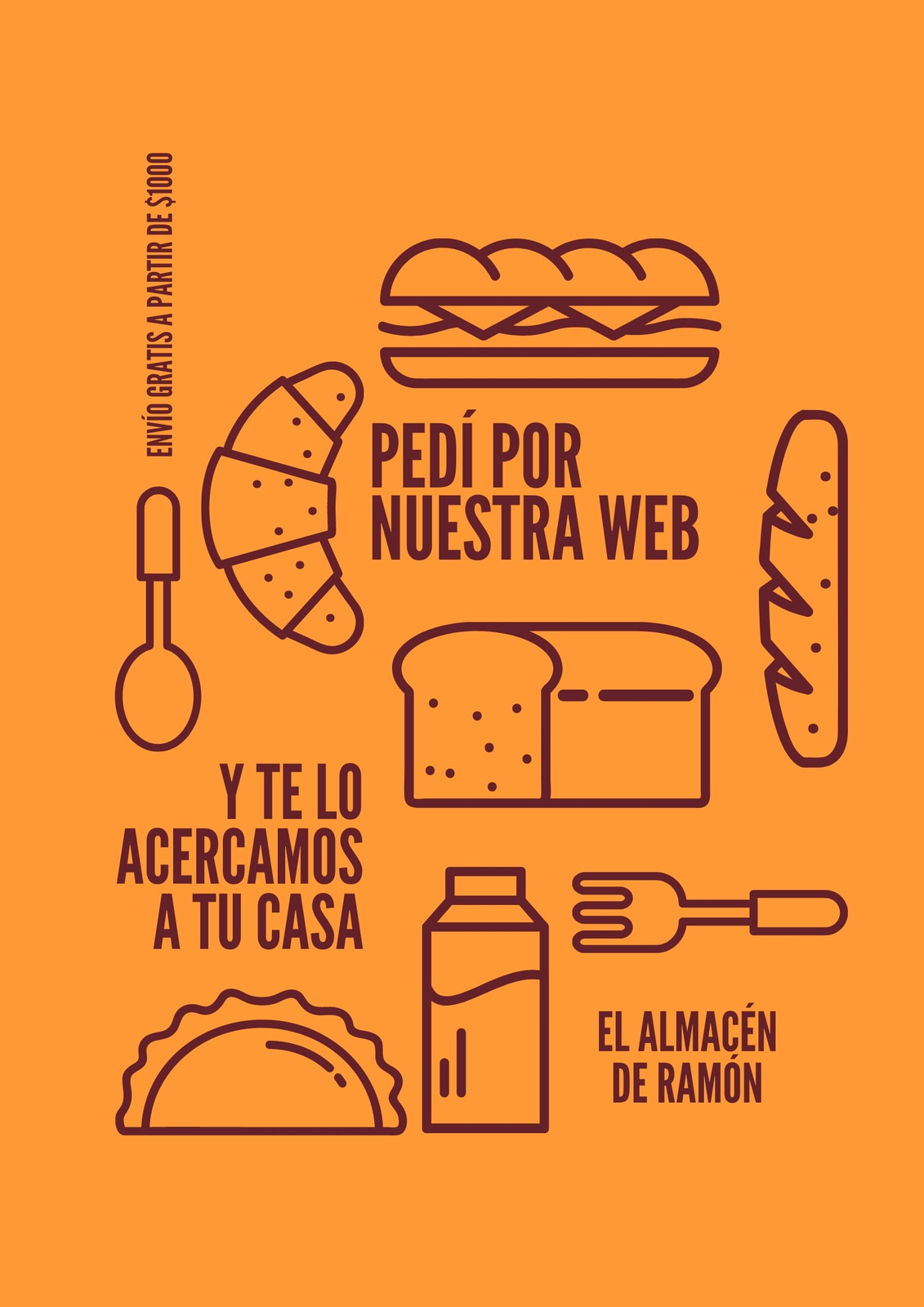 Flyer de diseño minimalista sobre tienda de alimentos online, color naranja y borgoña con alimentos ilustrados