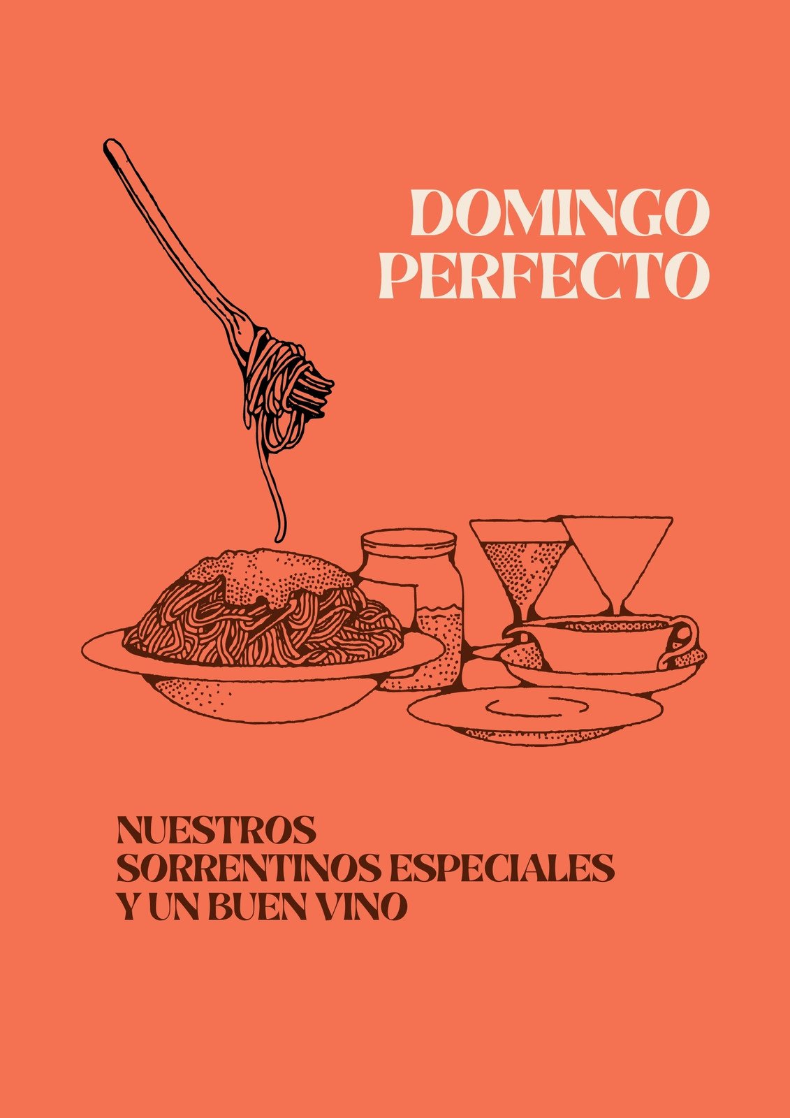 Flyer de diseño tradicional sobre pasta fresca, color terracota con plato de pastas y vino ilustrados