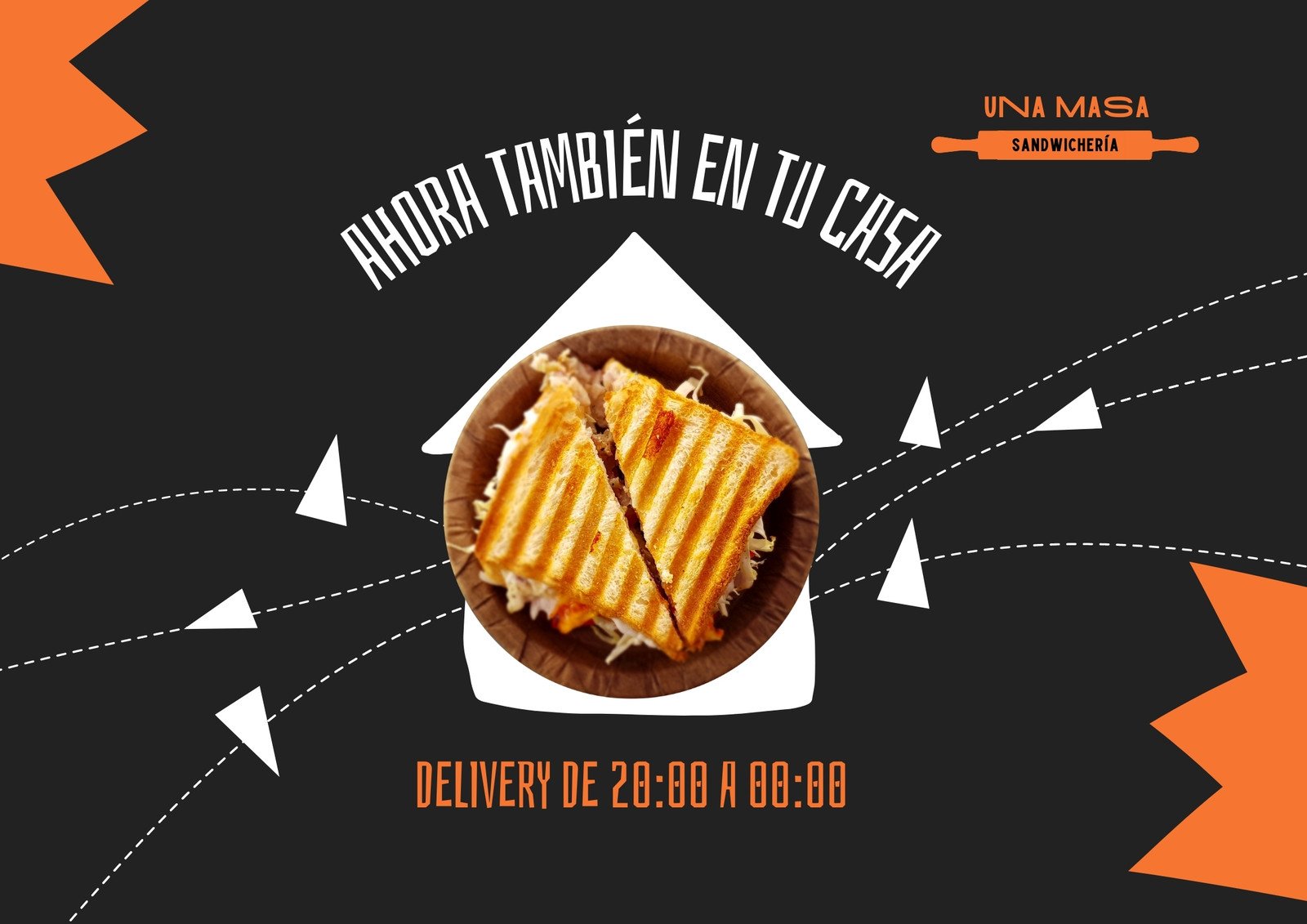 Flyer de diseño bold anuncio de delivery de sandwiches, color carbón y naranja con foto de sandwiches grillado en plato