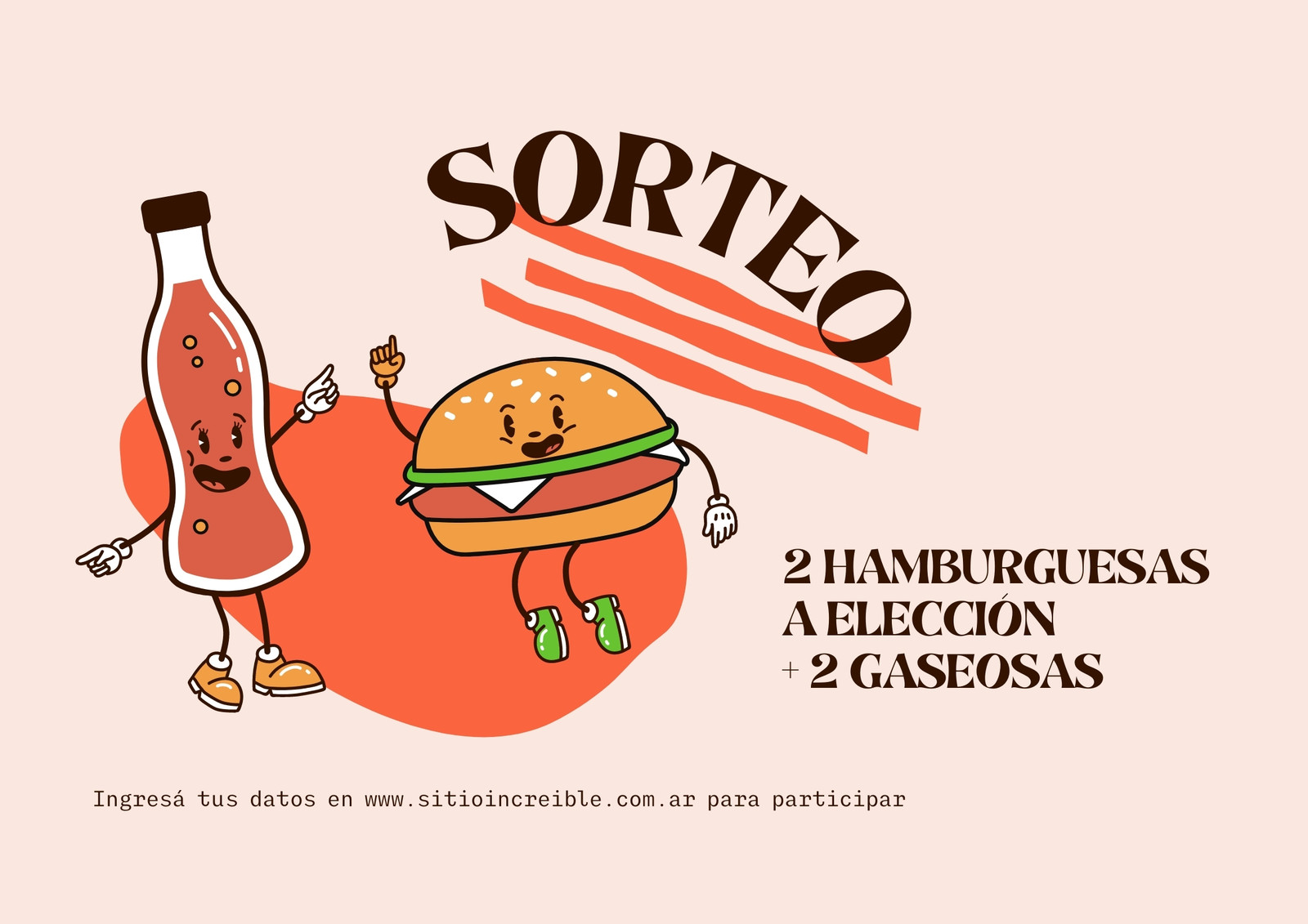 Flyer de diseño playful sobre anuncio de sorteo de hamburguesas + gaseosas, color naranja claro y naranja fuerte con hamburguesa y gaseosa ilustradas
