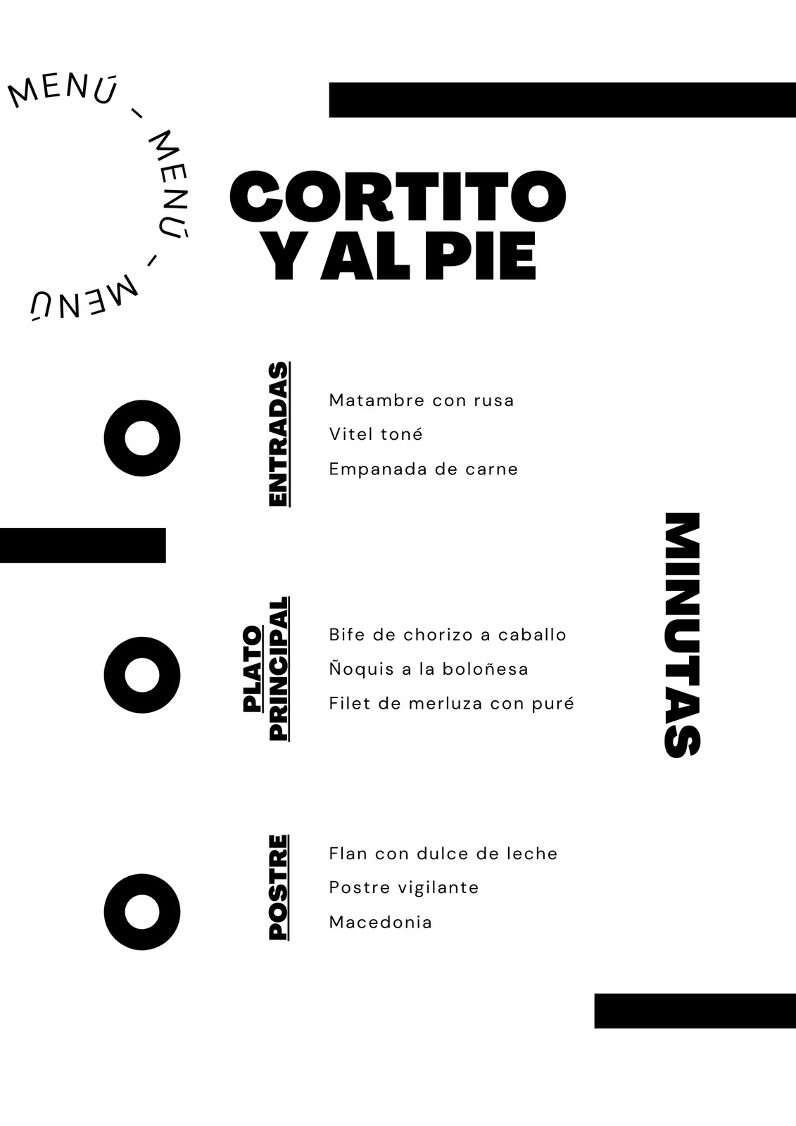Flyer tipográfico de recetas clásicas, color blanco y negro con rectángulos y anillos