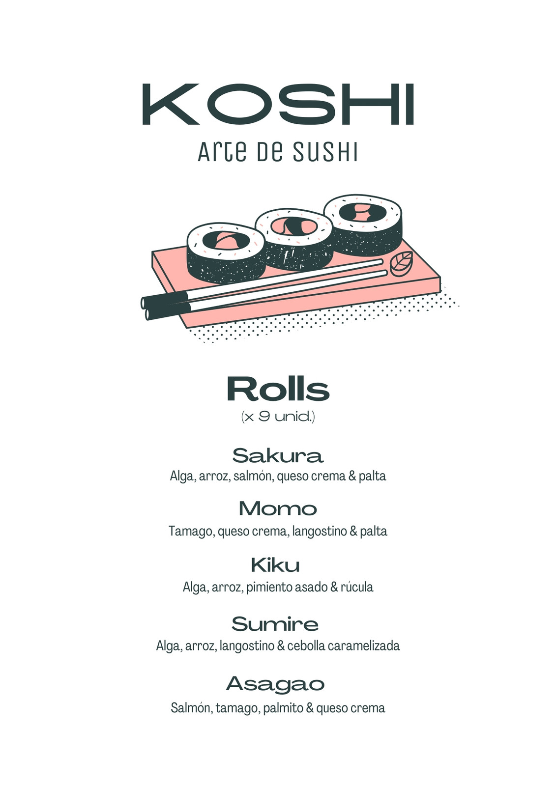 Flyer minimalista de lugar de sushi, color blanco y verde oscuro con plato de sushi rolls ilustrado