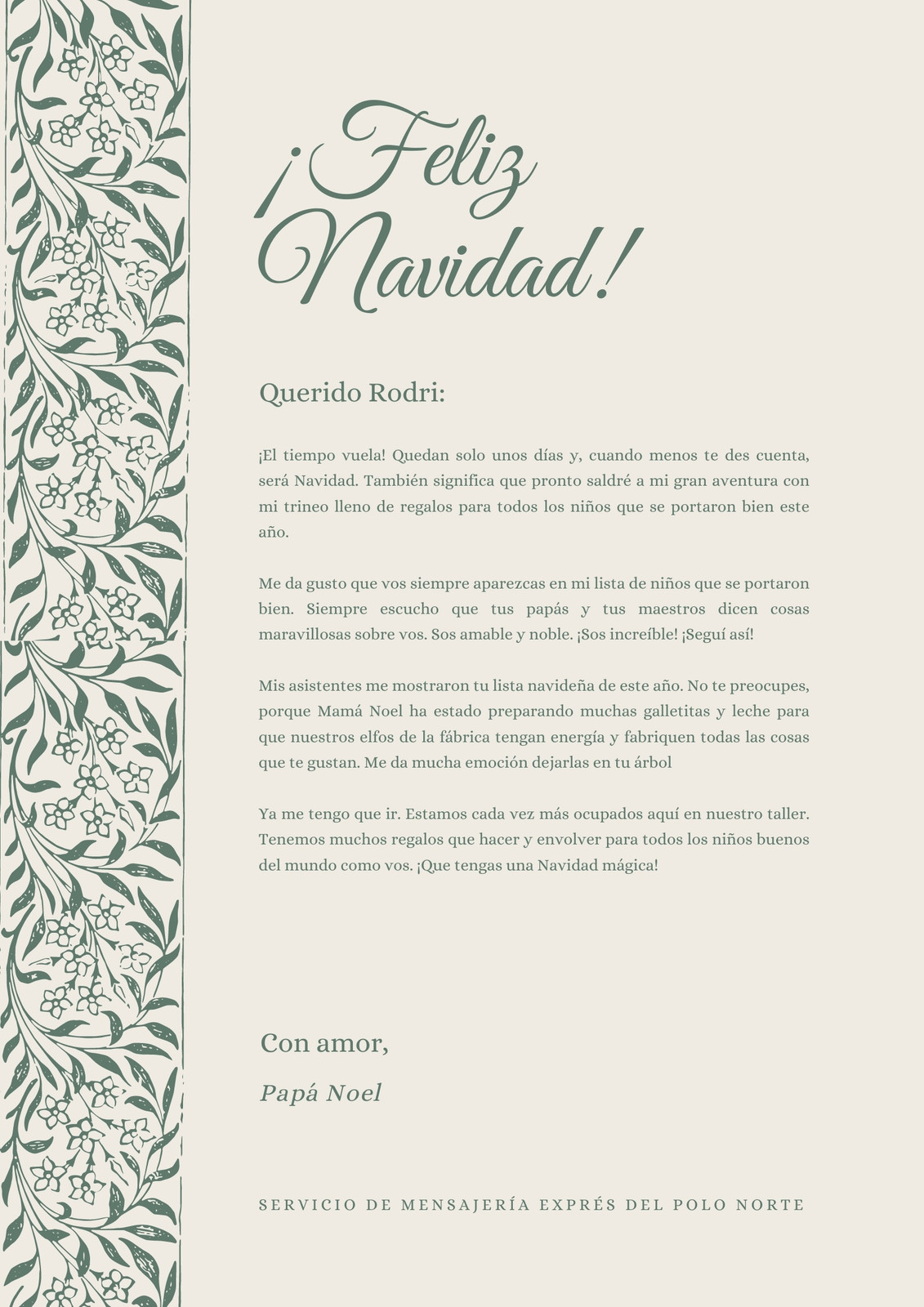 Verde Floral Barra Lateral Vintage Carta de Papá Noel