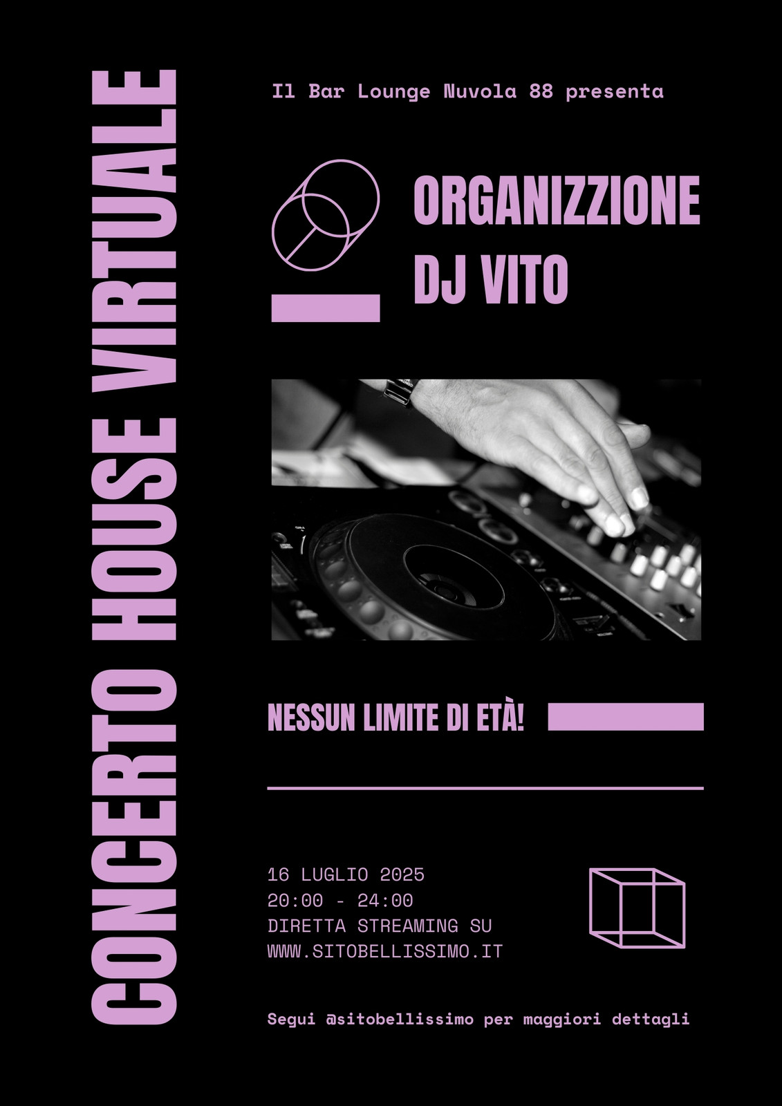 Nero e Viola Grassetto Minimal Evento DJ Virtuale Volantino