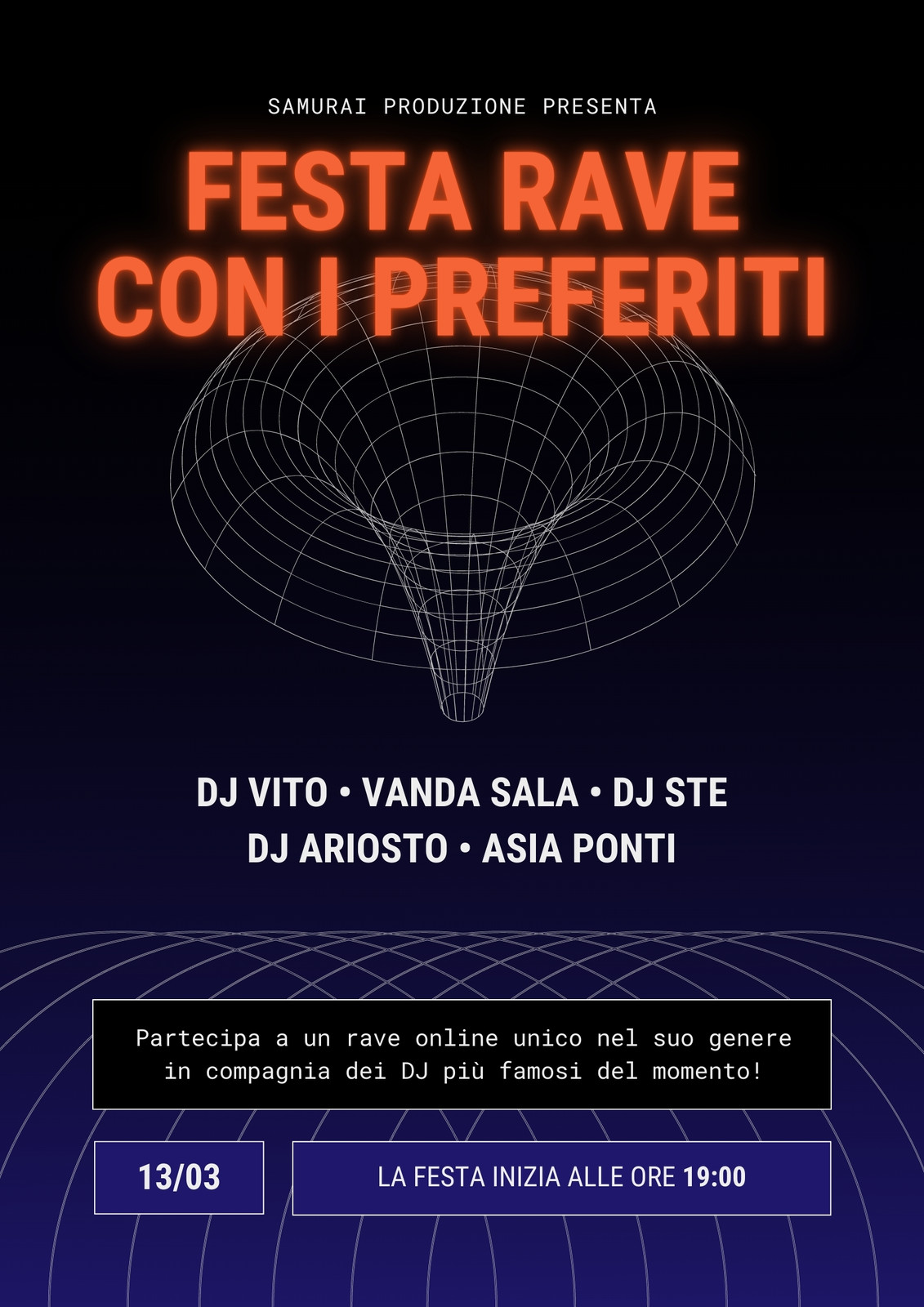 Blu e Arancione Condotto Spazio Temporale Motivi Moderno Vaporwave Evento Dj Virtuale Volantino