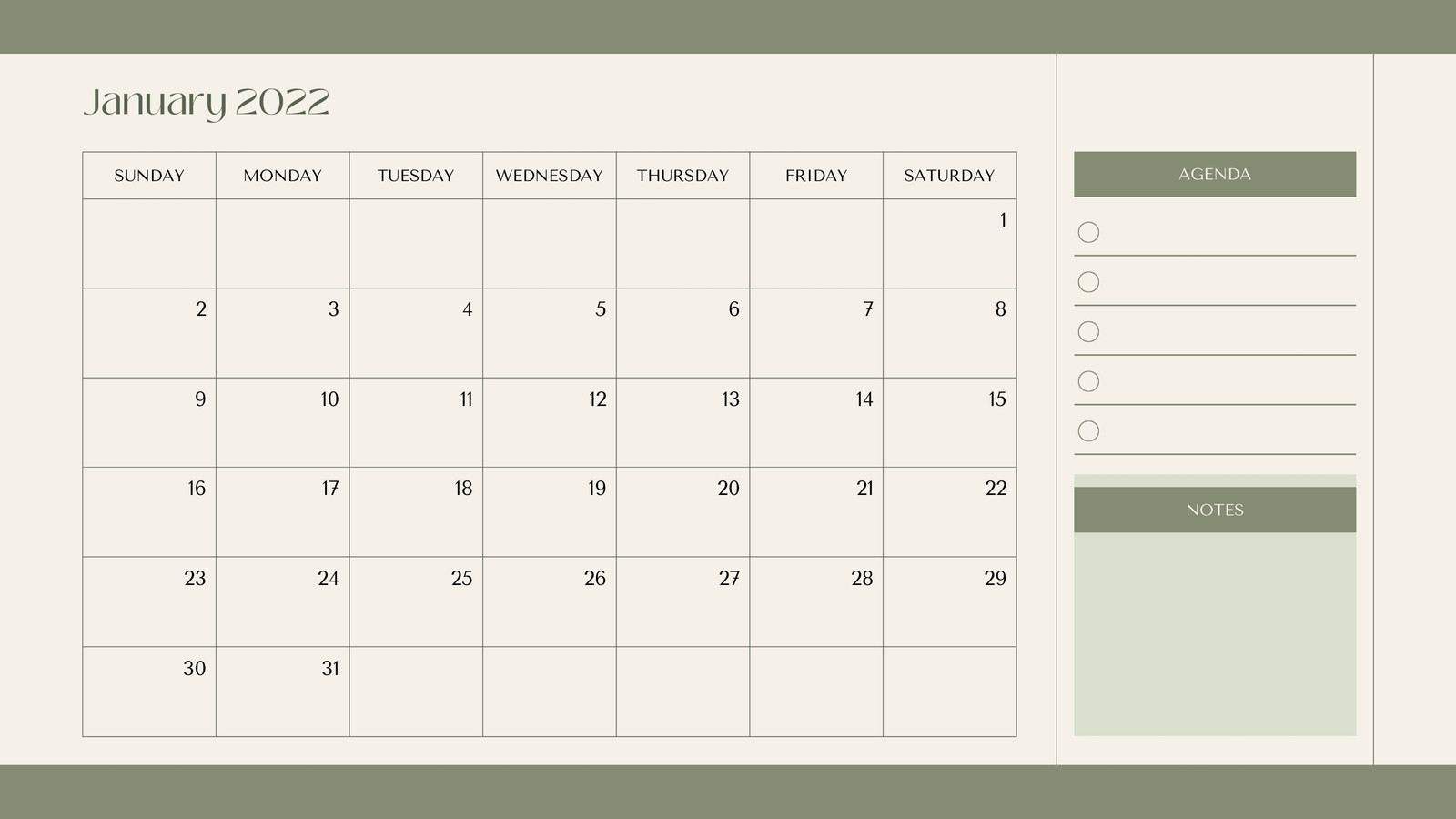Sage Green Minimalist 2022 Calendar