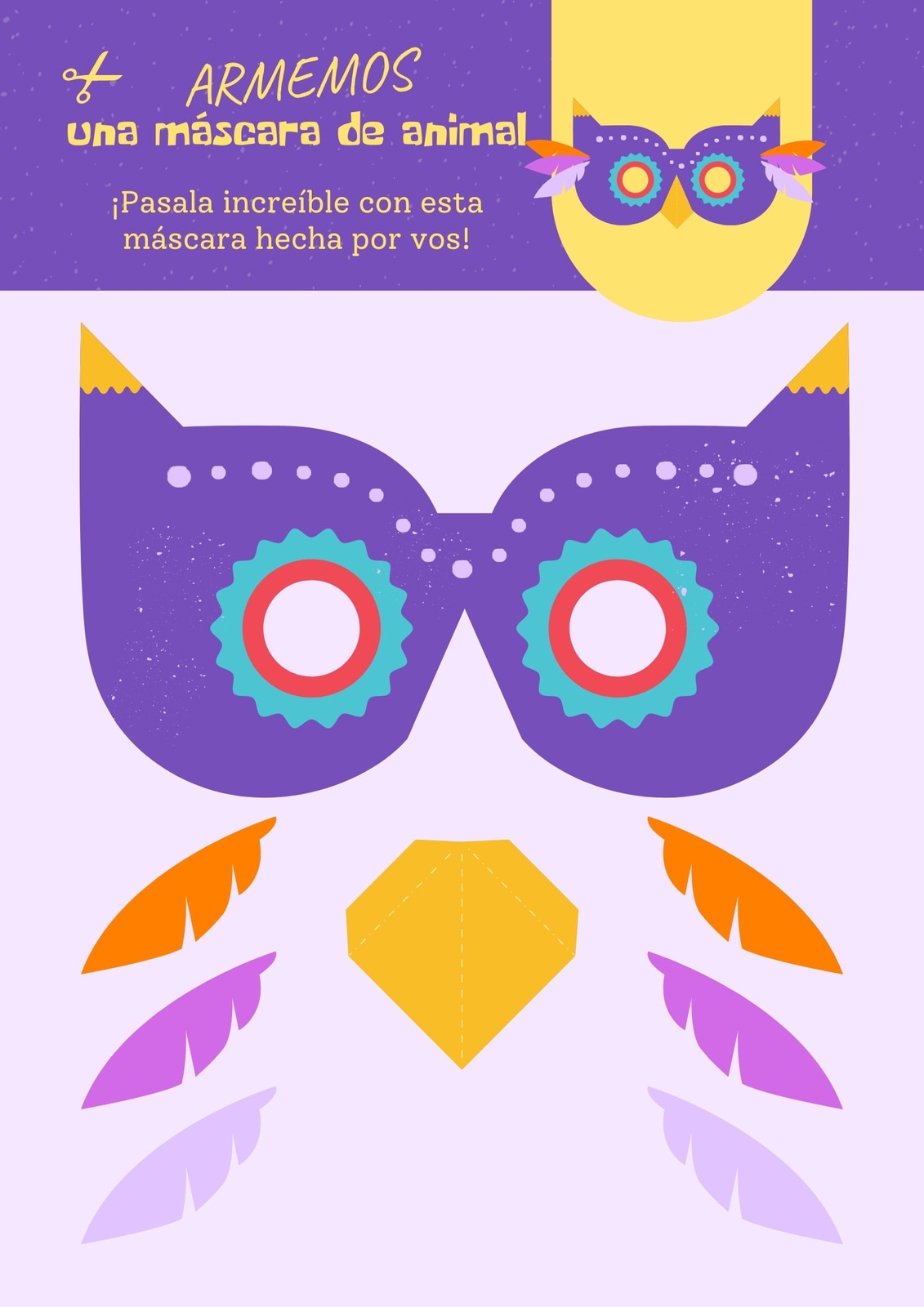 Violeta Amarillo Naranja Máscara Creativa Búho Imprimible A4 Documento A4