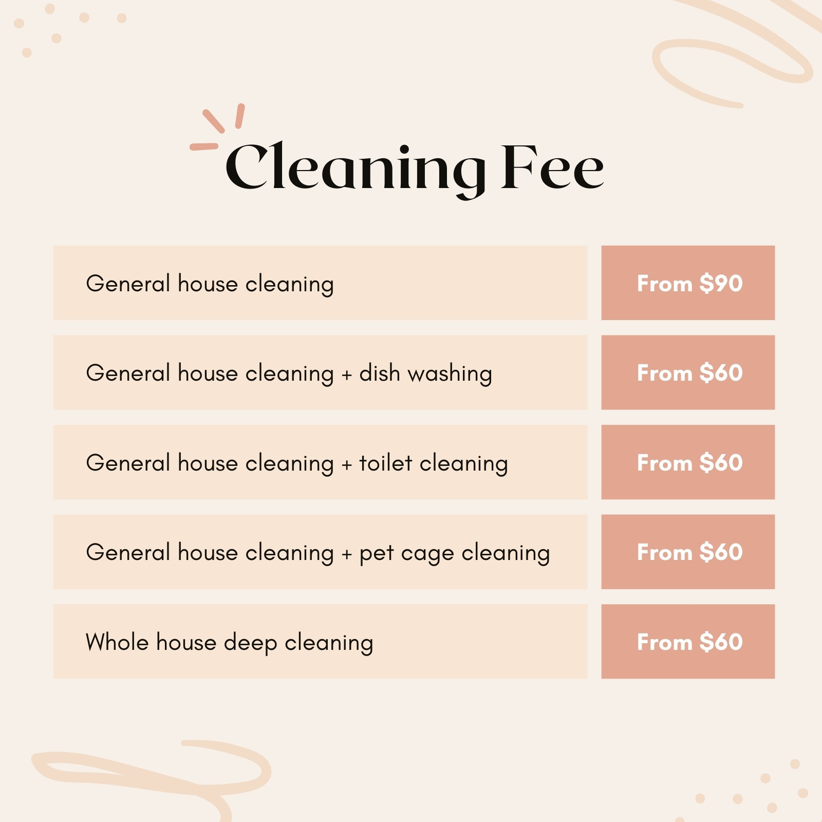 housekeeping services price list
