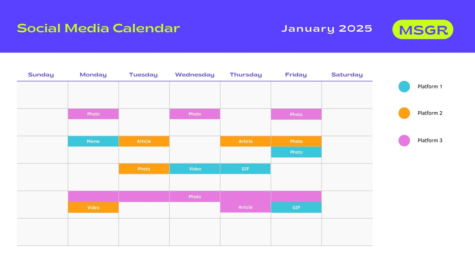 Neon Green and Purple Friendly Professional Messenger App Monthly Social Media Calendar