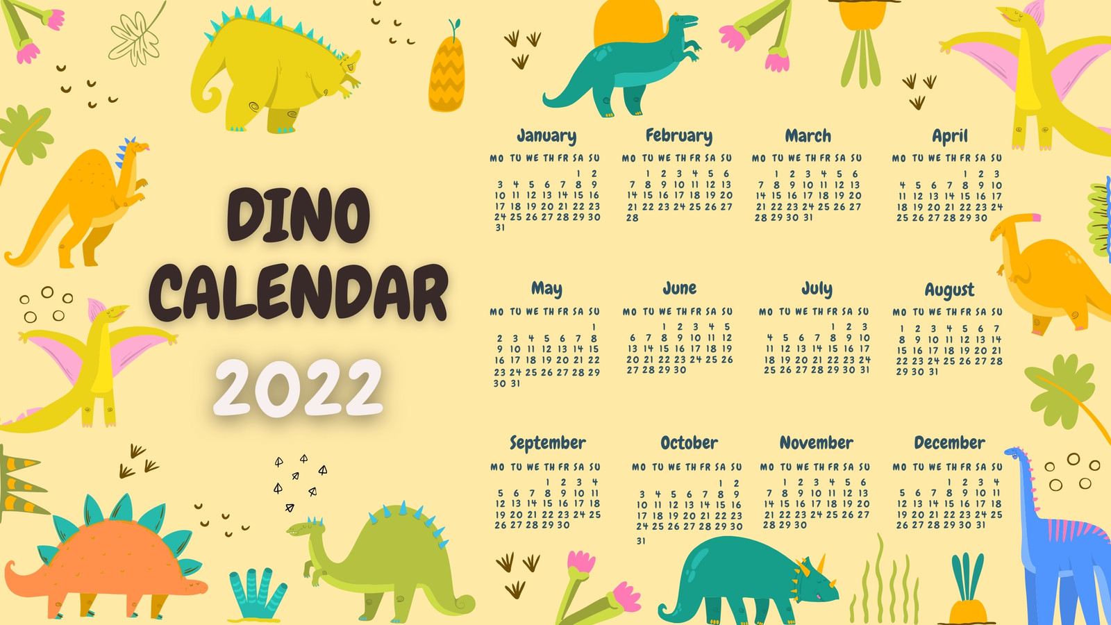 Children's Dinosaur Biege Calendar 2022 