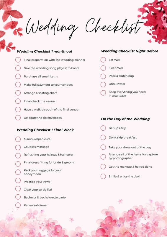 Page 2 - Free wedding checklist templates to edit and print | Canva