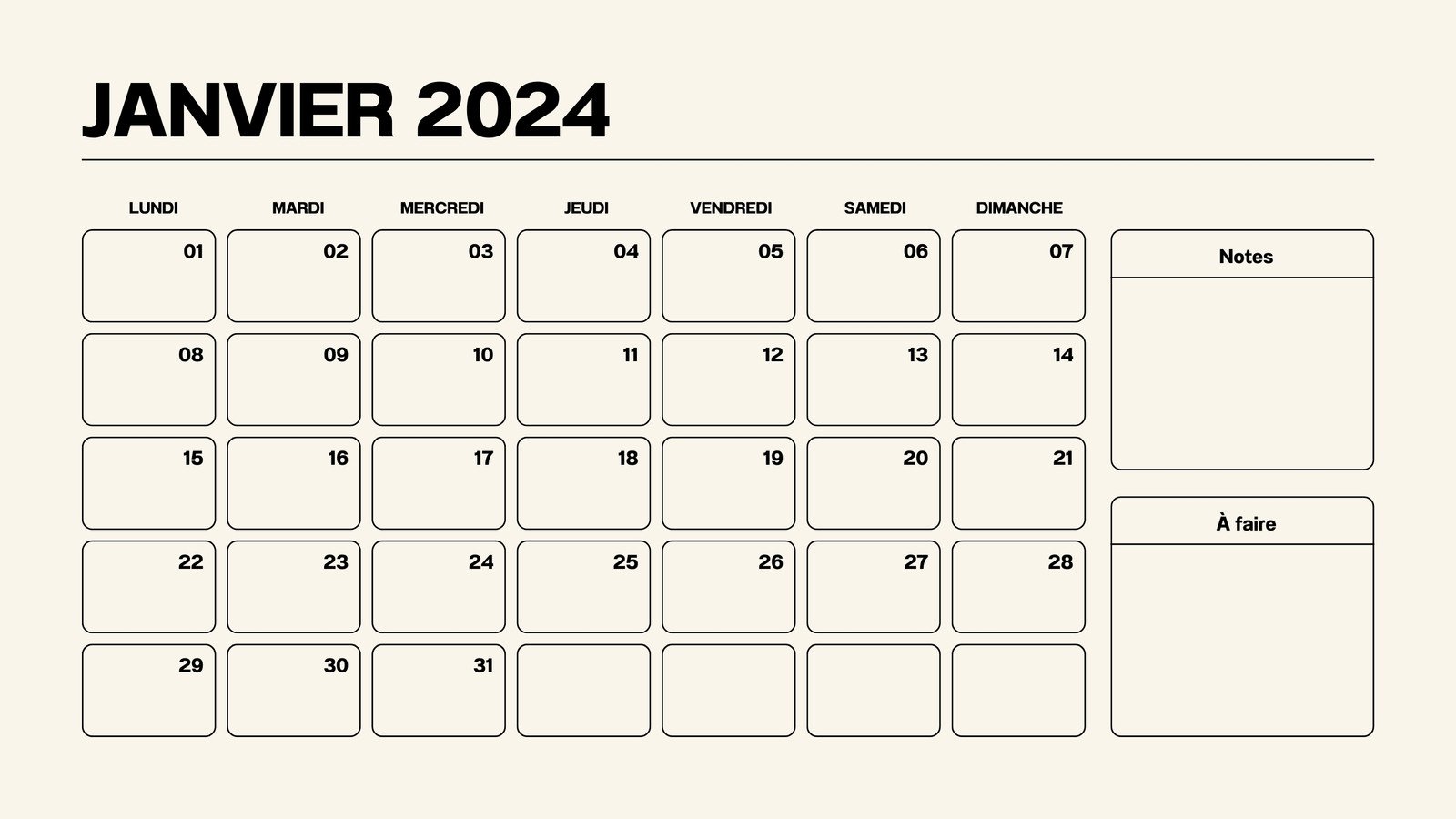 Calendrier Année 2024 Planning Mois Simple Moderne