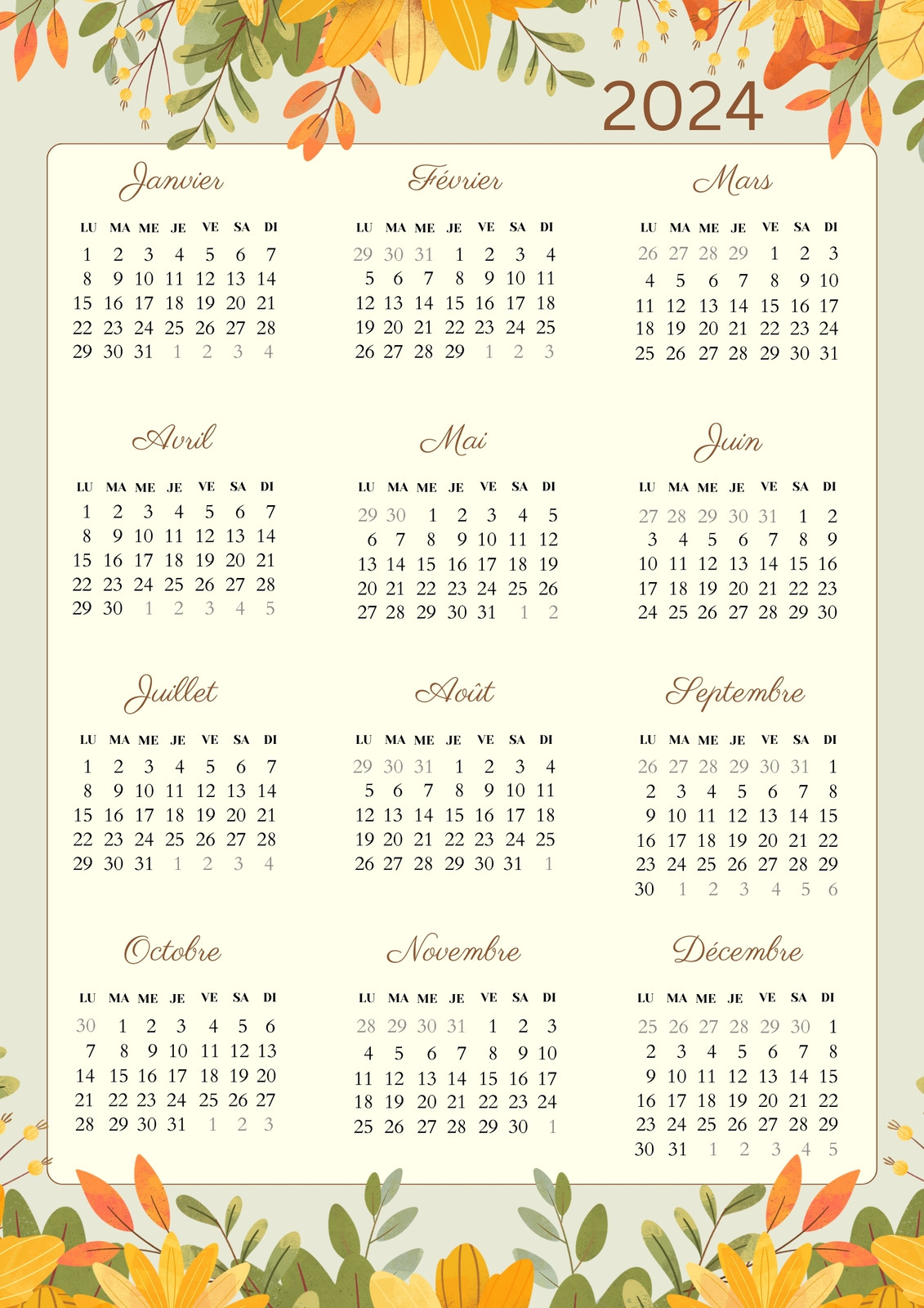 5 calendriers design 2024 à imprimer et télécharger gratuitement 4