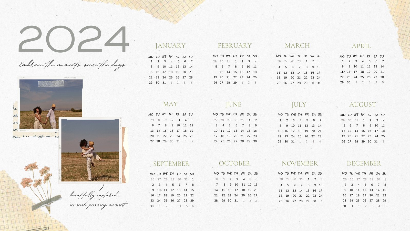Clean Photo Collage Minimalist 2024 Yearly Calendar