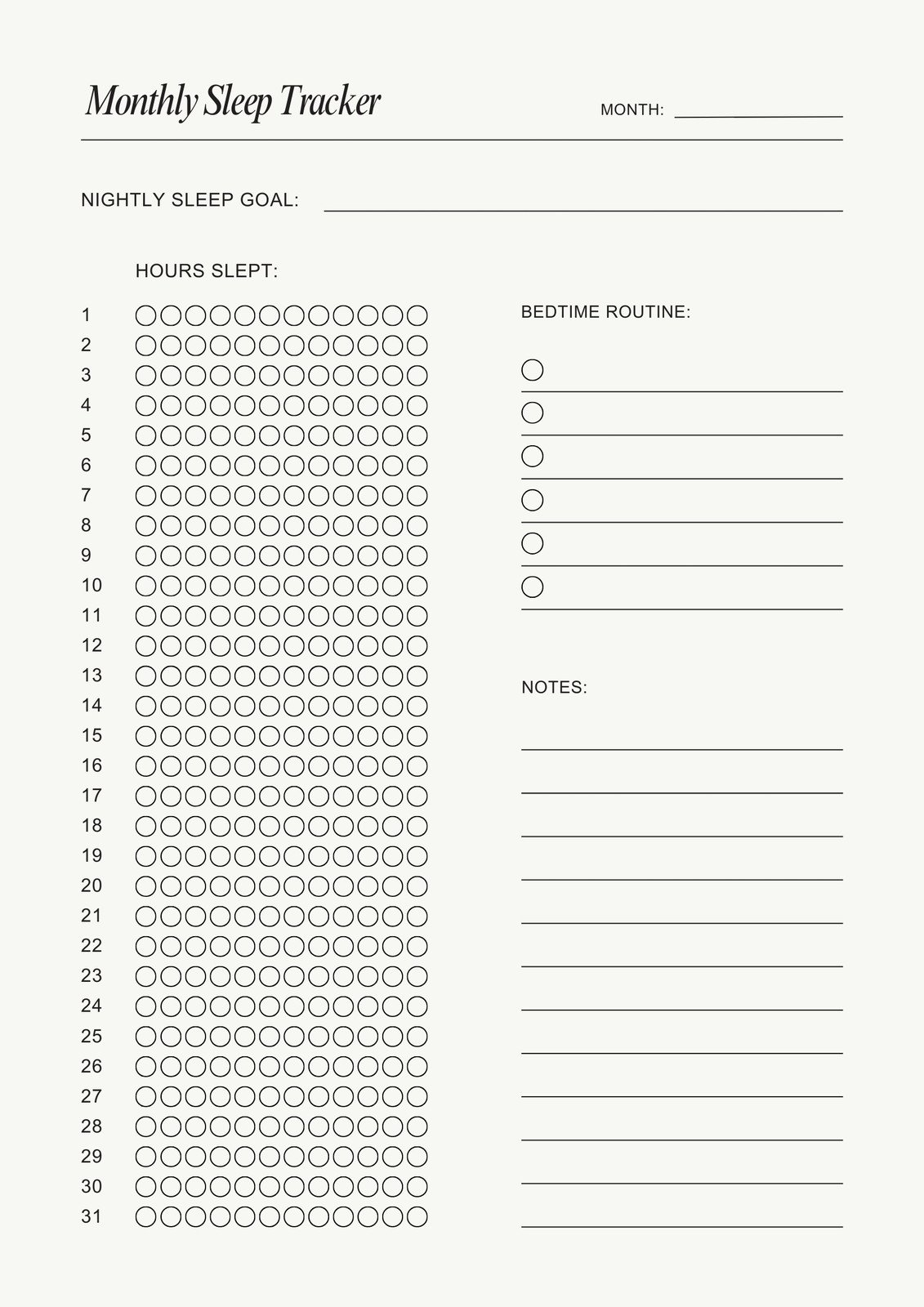 Download Printable Monthly Sleep Tracker Template PDF