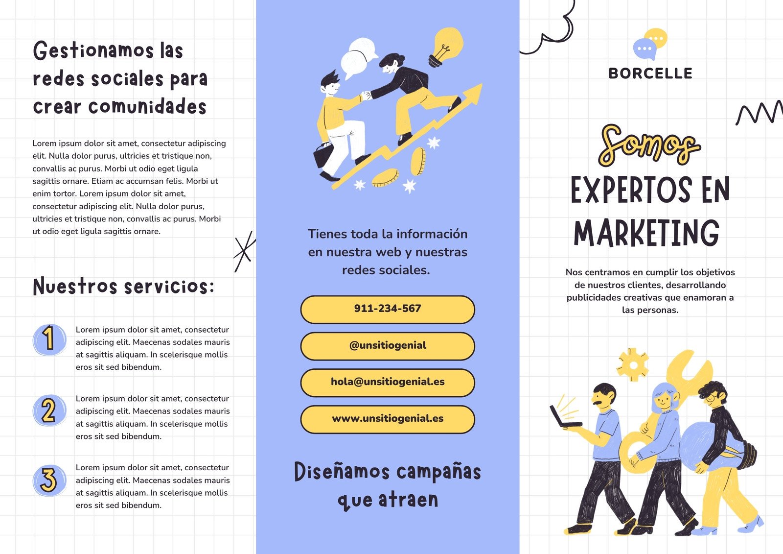 Folleto de Servicio Marketing y Creatividad Ilustrado Doodle Azul y Amarillo