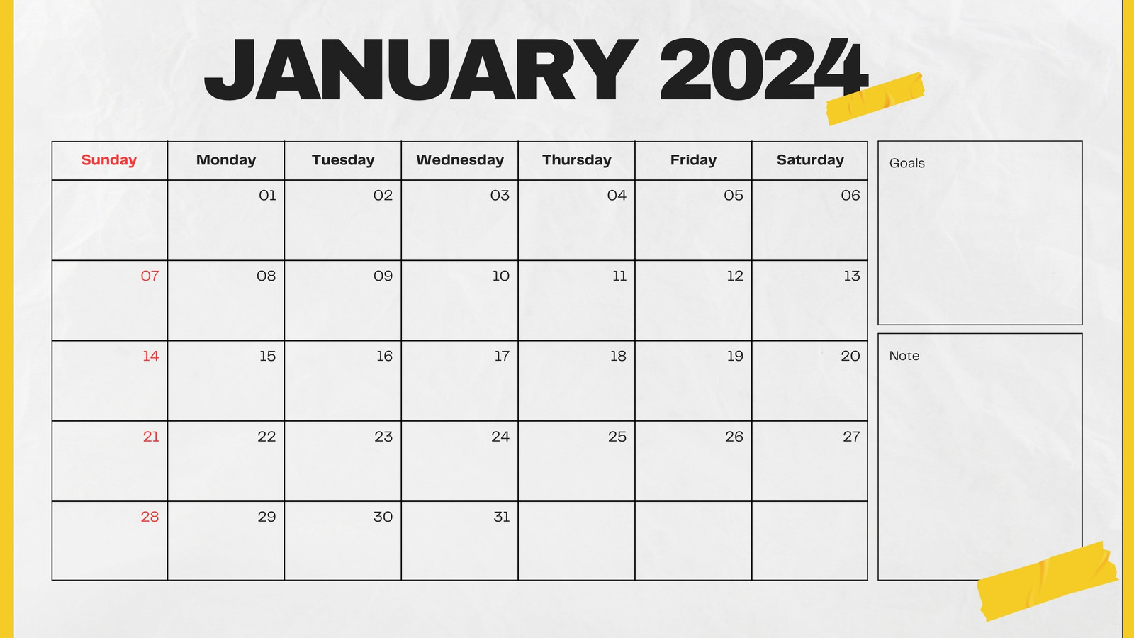 Black Yellow Bold January 2024 Calendar