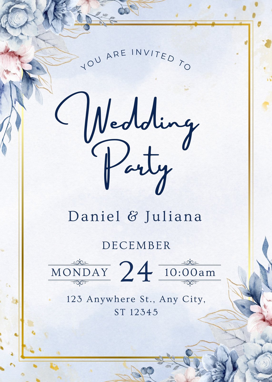 Blue Gold Modern Wedding Party Poster
