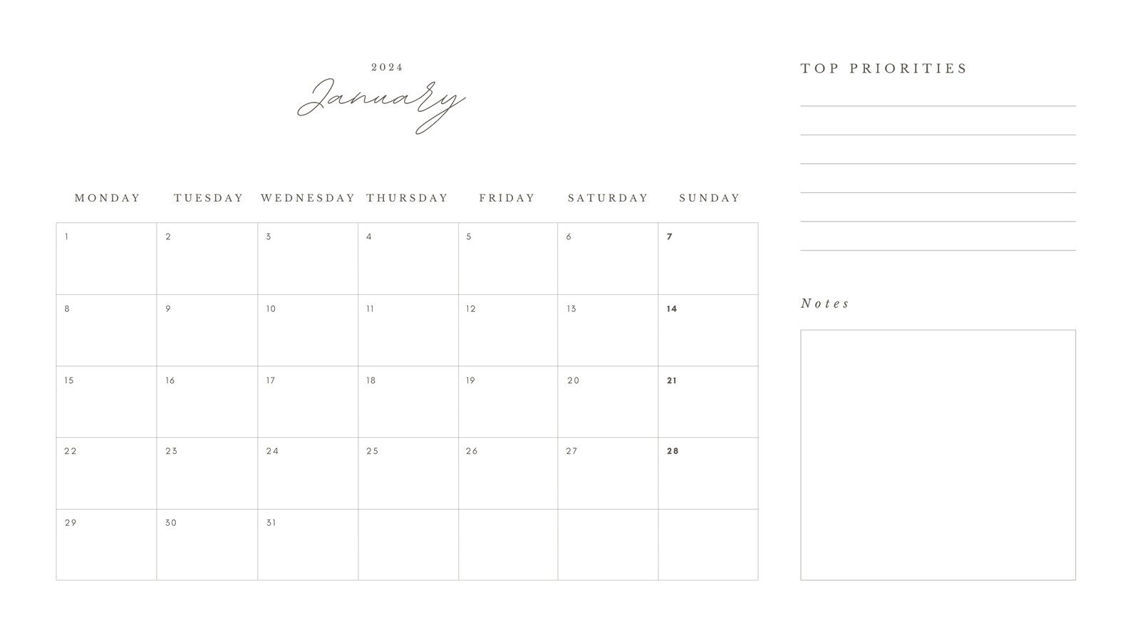 White Minimalist Elegant 2024 Calendar